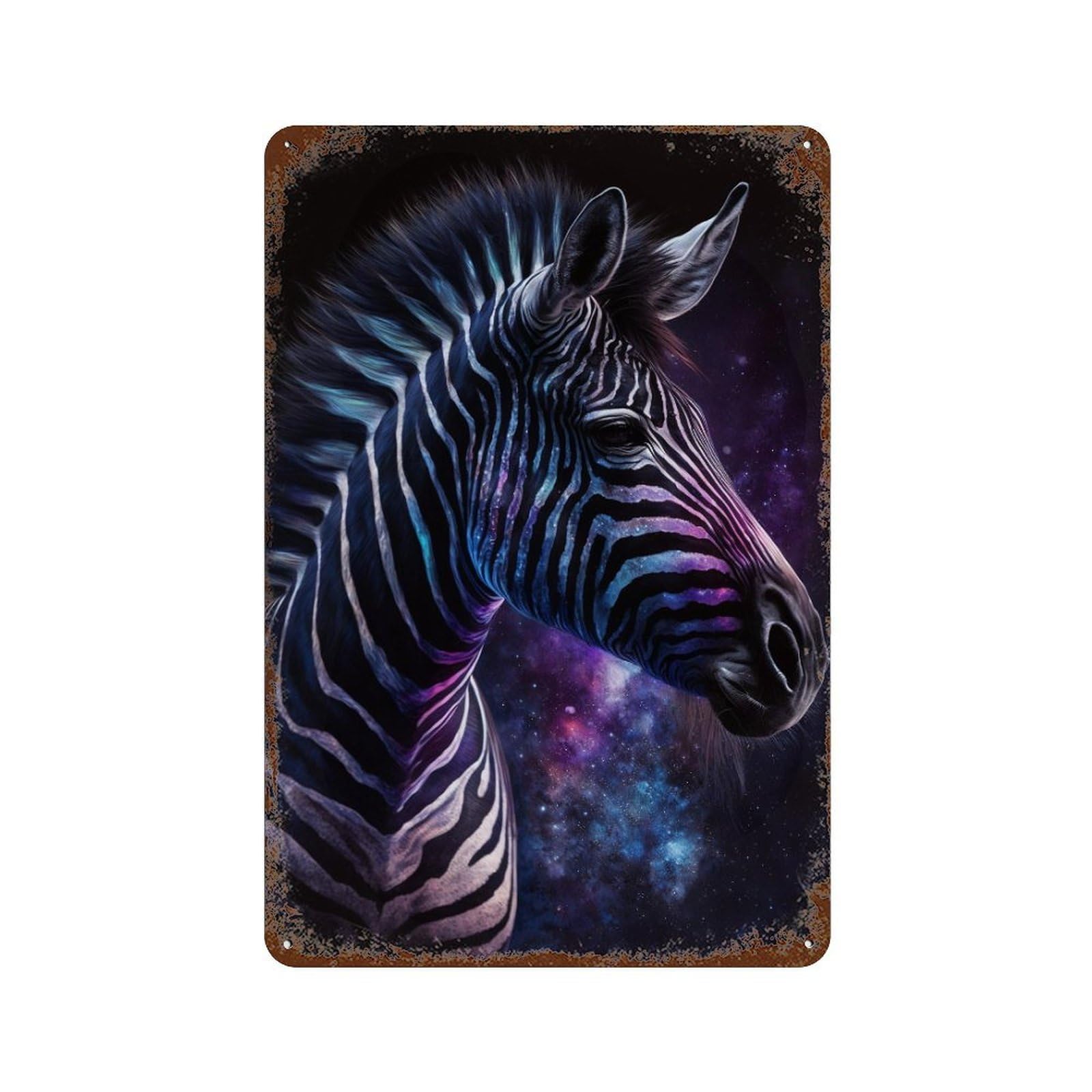 Aged Metal Wall Plaque with Cosmic Zebra Art Print-2 Design 11.8"x7.9", for Shed, Workshop And Garage Wall Decor, Decorative Metal Wall Art
