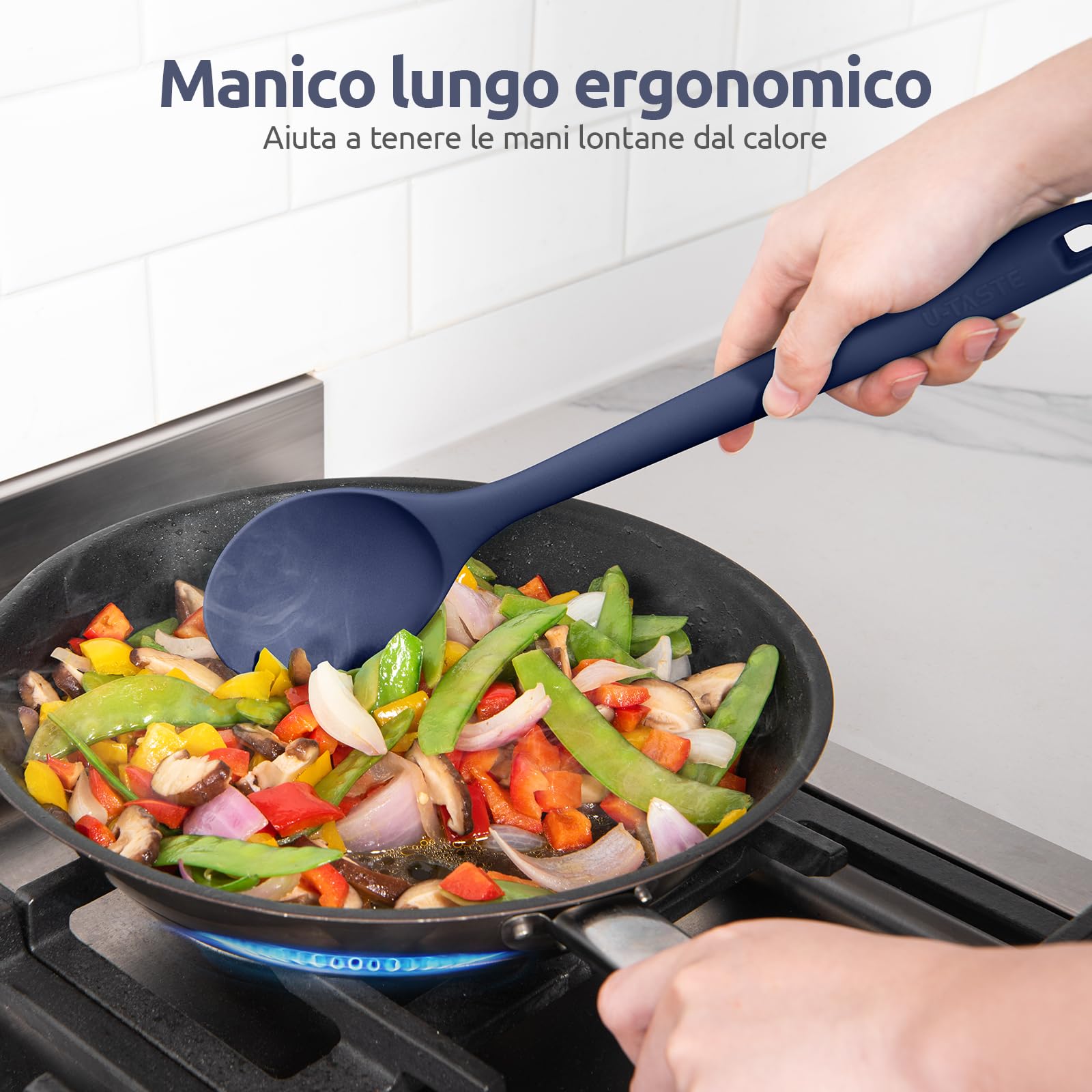 U-Taste Cucchiaio da cucina in silicone: cucchiaio da cucina solido resistente al calore 315 ℃, grande strumento in gomma antiaderente senza BPA per mescolare, servire, imbastire (Blu mezzanotte)
