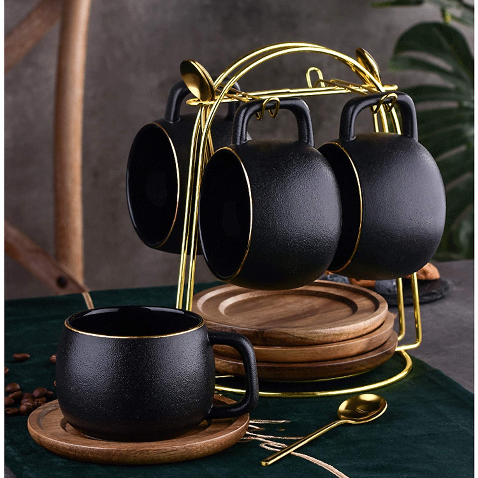 Tazas Conjunto De Taza De Café De Lujo Pequeño De Estilo Europeo, Taza De Agua De Cerámica Helada Retra, Taza De Té Especial De La Familia Con Bandeja Y Soporte De Metal (conjunto De 2, 4, 8 Piezas) T