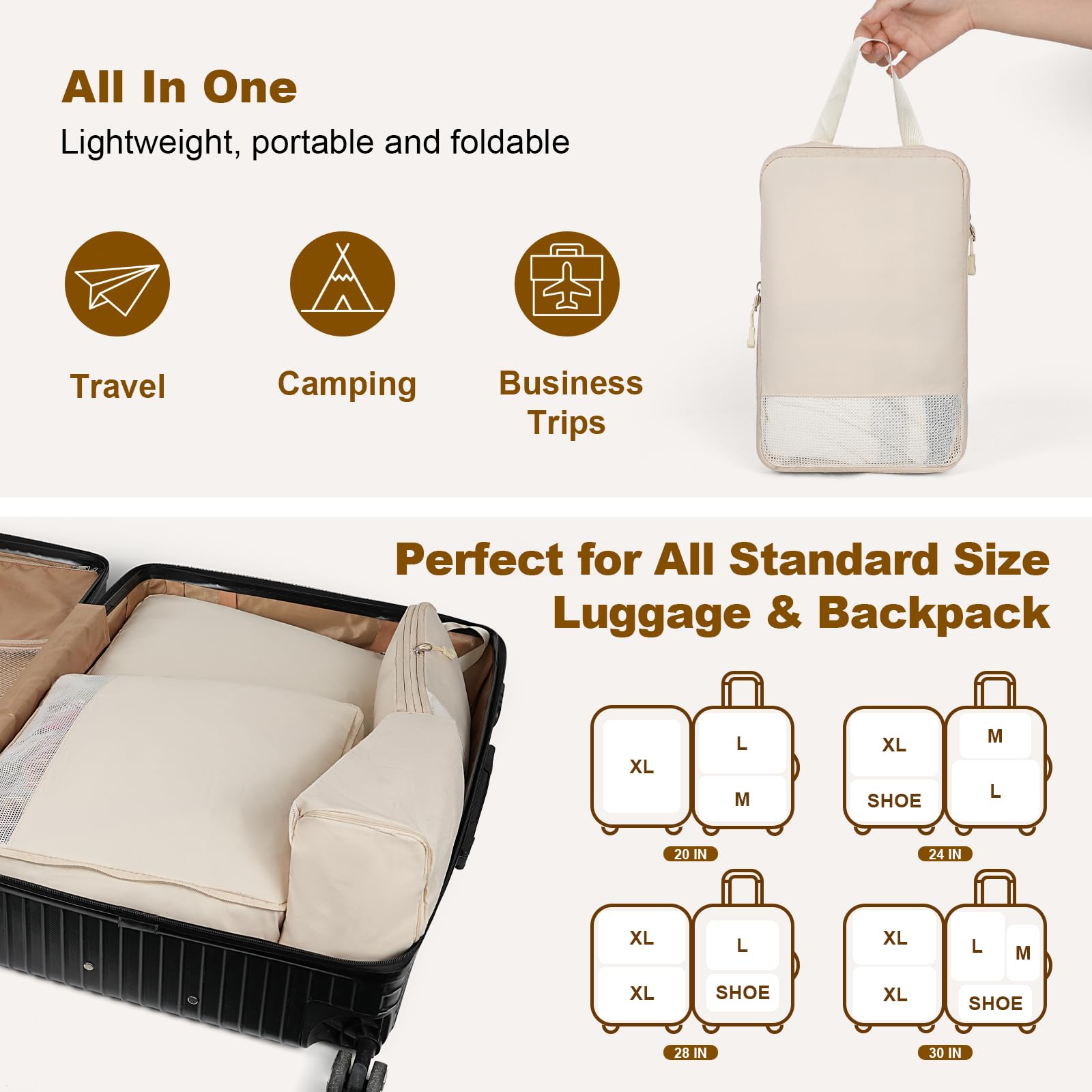 Kompressions-Verpackungswürfel für Koffer, Rucksack, erweiterbare Reisewürfel zum Verpacken mit Schuhtasche, wasserdicht, reißfest, Koffer-Organizer-Taschen für Handgepäck, Beige, 4er-Set