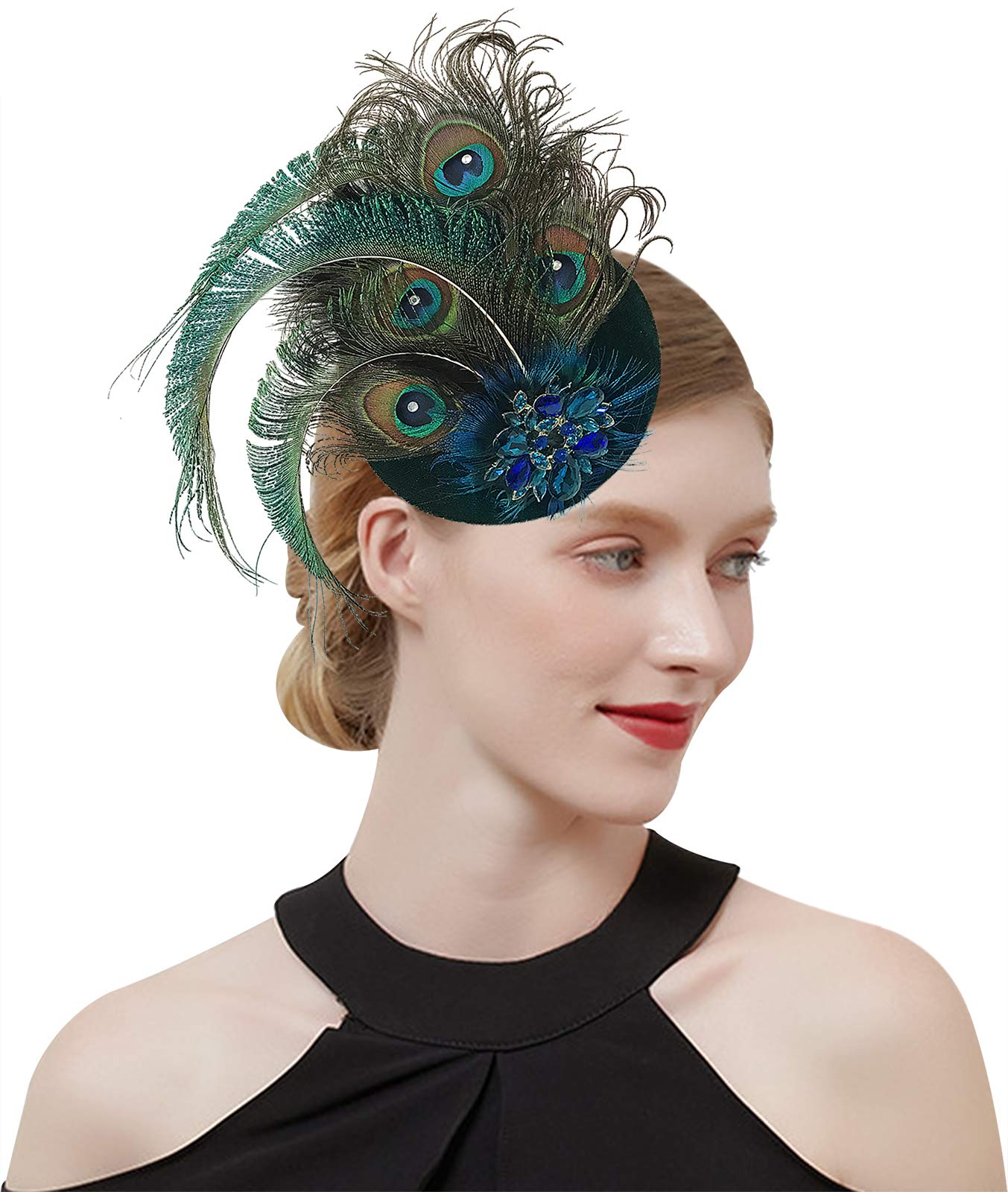 Z&XPeacock Feather Fascinator Hats for Women Headband Clip Crystal Deco 1920s Flapper Feather Pillbox Hat Costume Headpiece Green