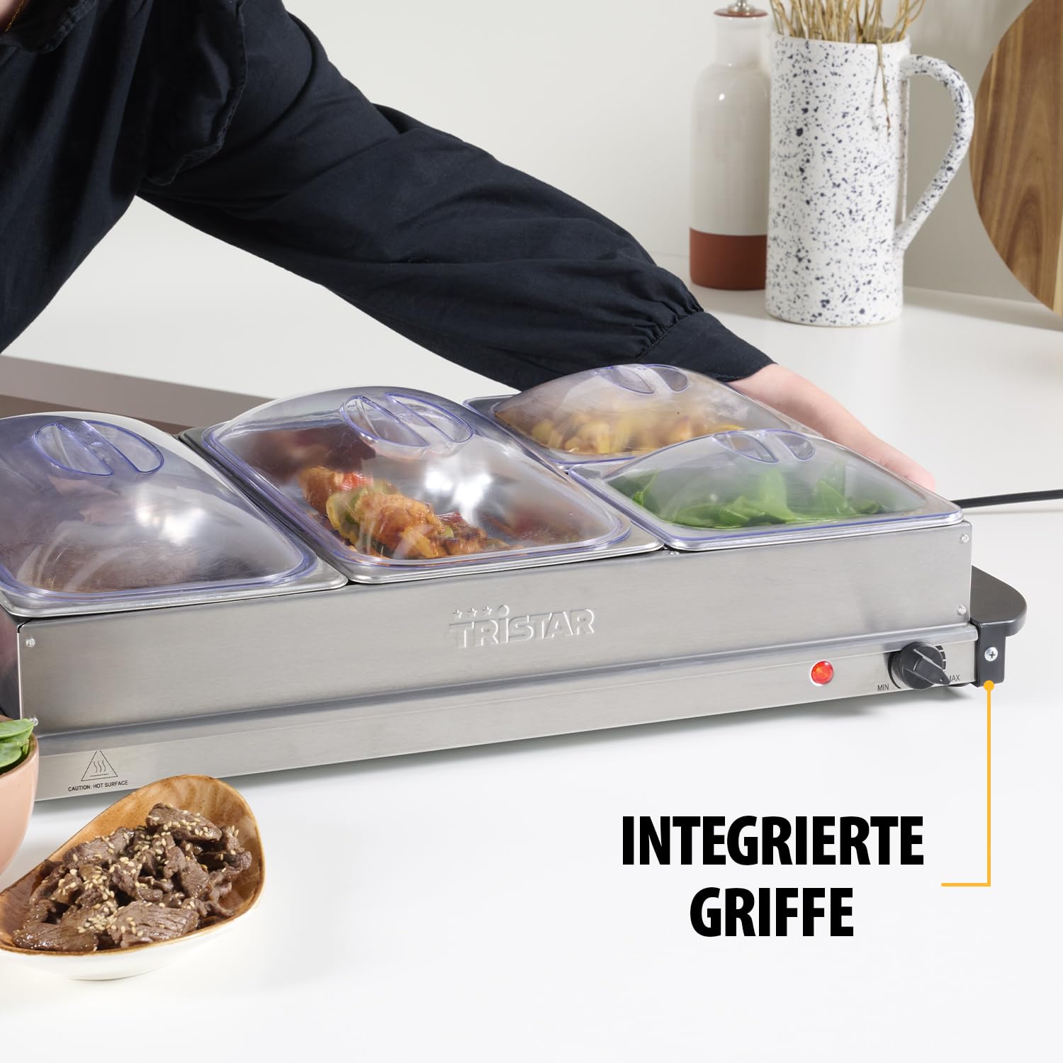 Tristar Edelstahl Buffetwärmer für Partys & Buffets, 300 W, Einstellbares Thermostat, 4 Warmhaltebehälter mit Deckel, Heizplattenfunktion, Warmhaltefunktion, Silber, BP-6285 |
