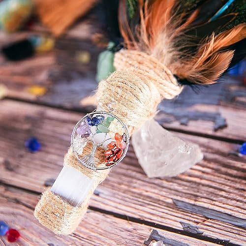 Miniatura 4 de Varita de bruja con mango de palo de selenita y pluma caída para varita de energía, varita ritual de altar, varita de desterramiento, altar pagano,