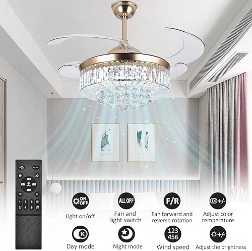 Miniatura 3 de Ventilador de techo de cristal de 42 pulgadas con luces y control remoto, kit de luz LED invisible con cuchillas retráctiles para sala de estar y