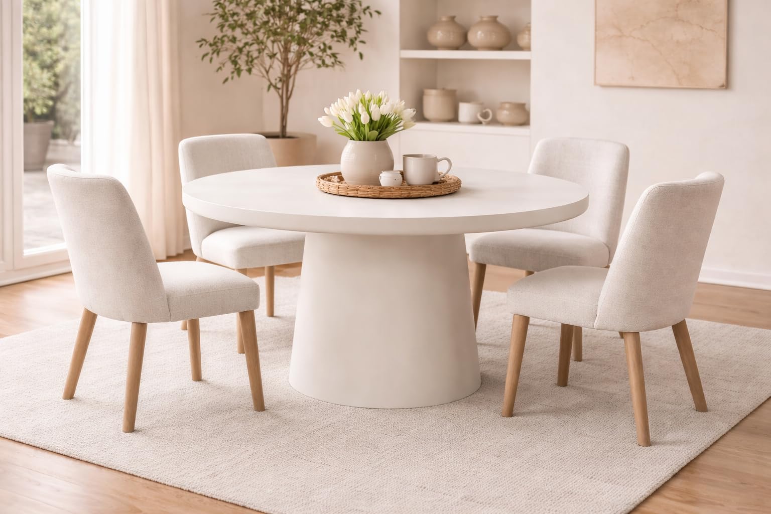 Modern Round Pedestal Dining Table, White Lime Plaster Finish, Contemporary Minimalist Style, Cylindrical Base-image-36