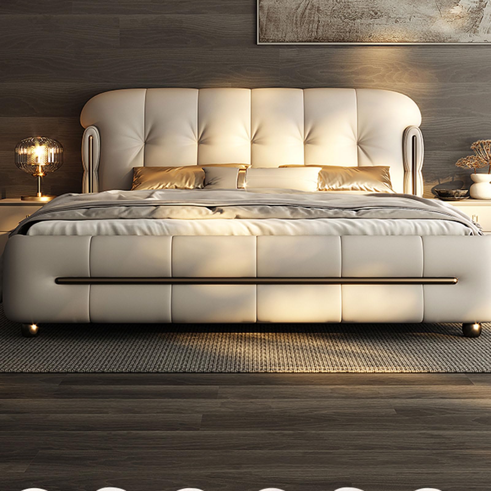Luxury King Size Genuine Leather Bed Set Upholstered Platform Bed Frame with Wingback Headboard and Lift Up Storage