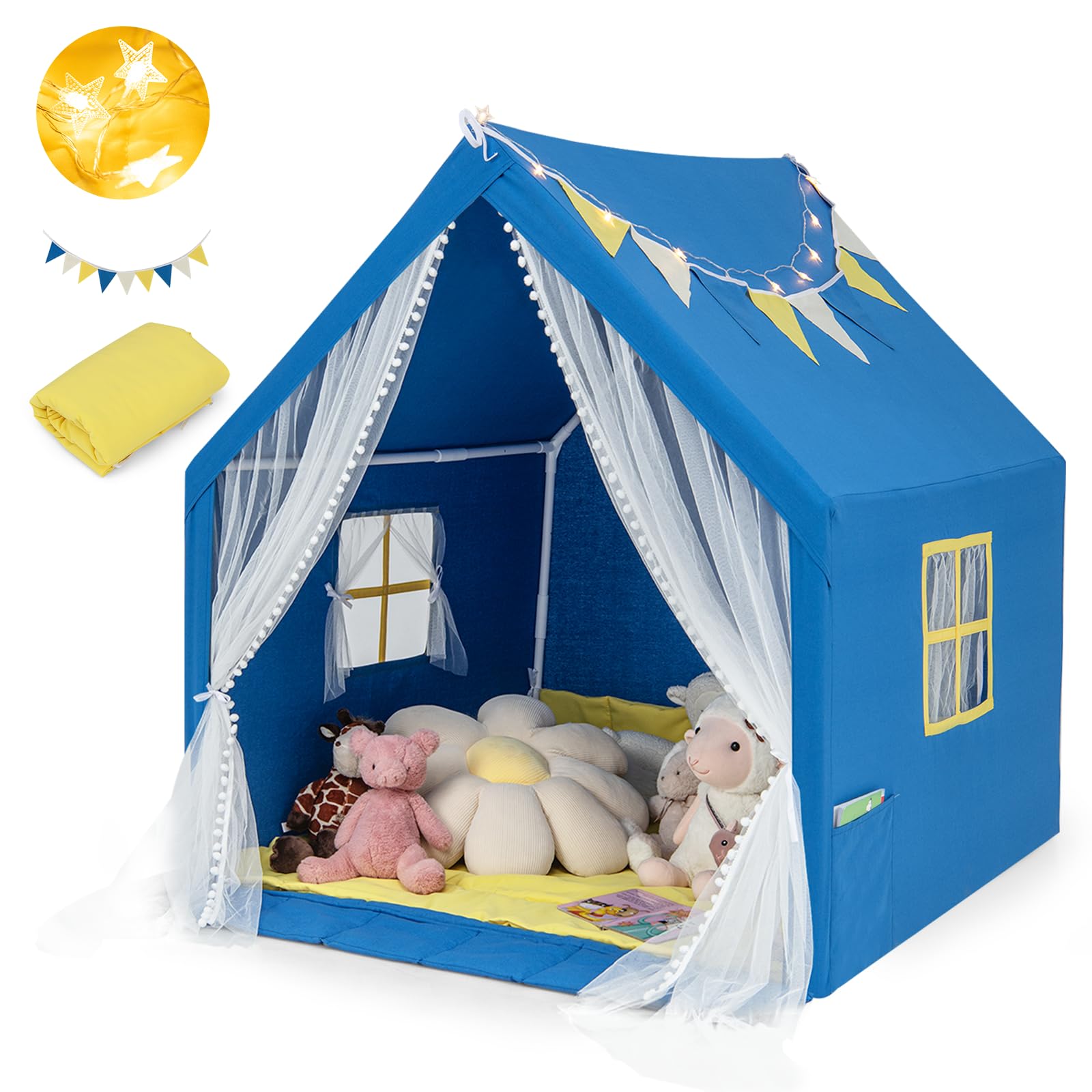 HOMASIS Tenda per Bambini da Interno, Tenda Gioco con Luci a Forma di Stella e Tappeto in Cotone, Tenda Cameretta con Tasca Laterale, Casa per Giochi per 2 Bambini, 122 × 105 × 125 cm (Blu)