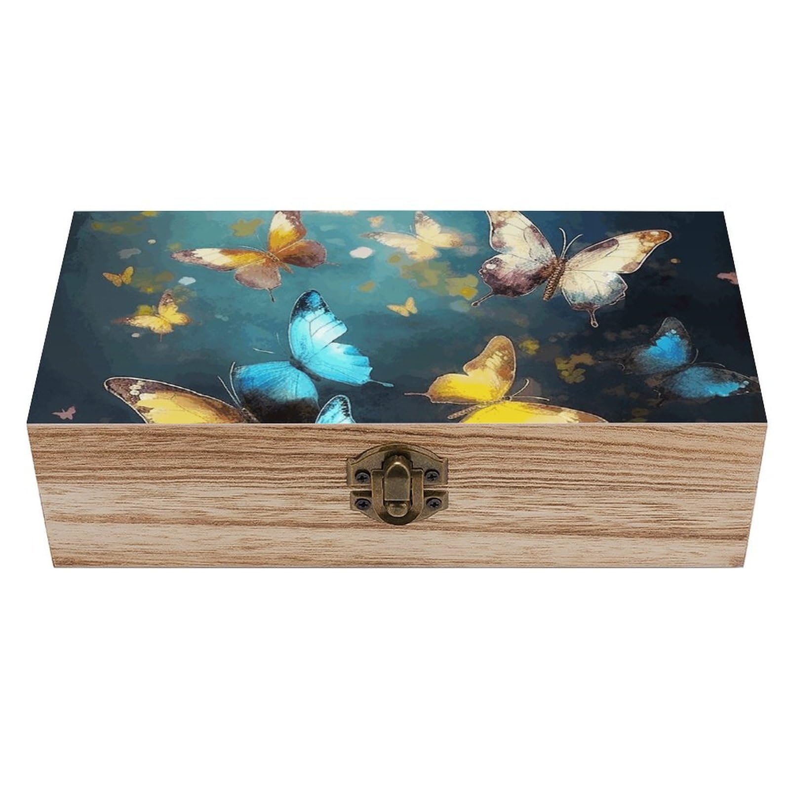 FWJZDSP Wooden Storage Box Butterflies Wood Gift Box with Hinged Lid Vintage Decorative Jewelry Boxes Memory Box for Jewelry Art Hobbies Home Storage Treasure Keepsake Gift 7.9''x3.9''x2.3''