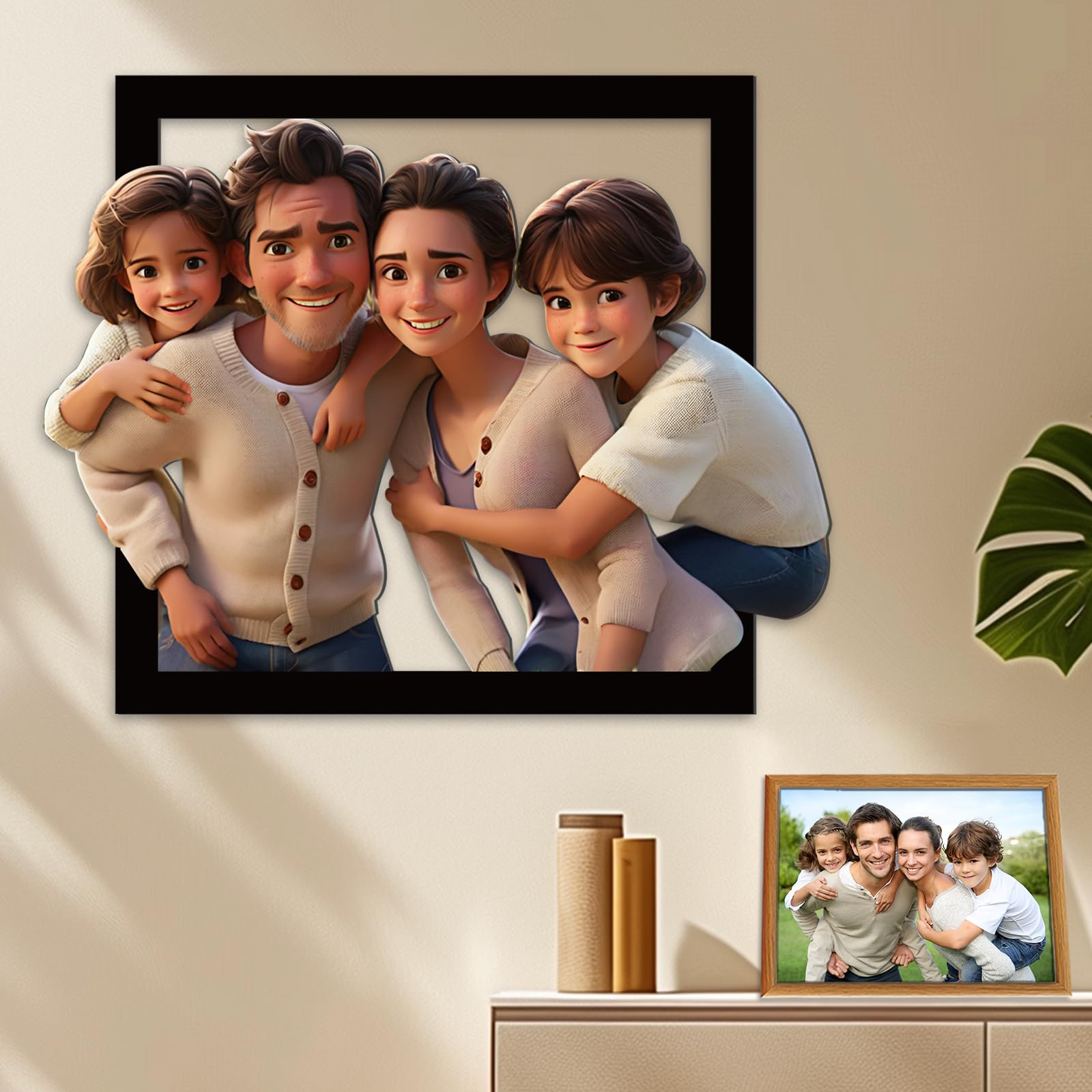 FCLYDER Foto de Familia Personalizada Retrato de Dibujos Animados, Letrero de Pared de Madera con Diseño de Caricatura, Marco de Fotos de Caricatura Personalizado, Regalos Aniversario Pareja