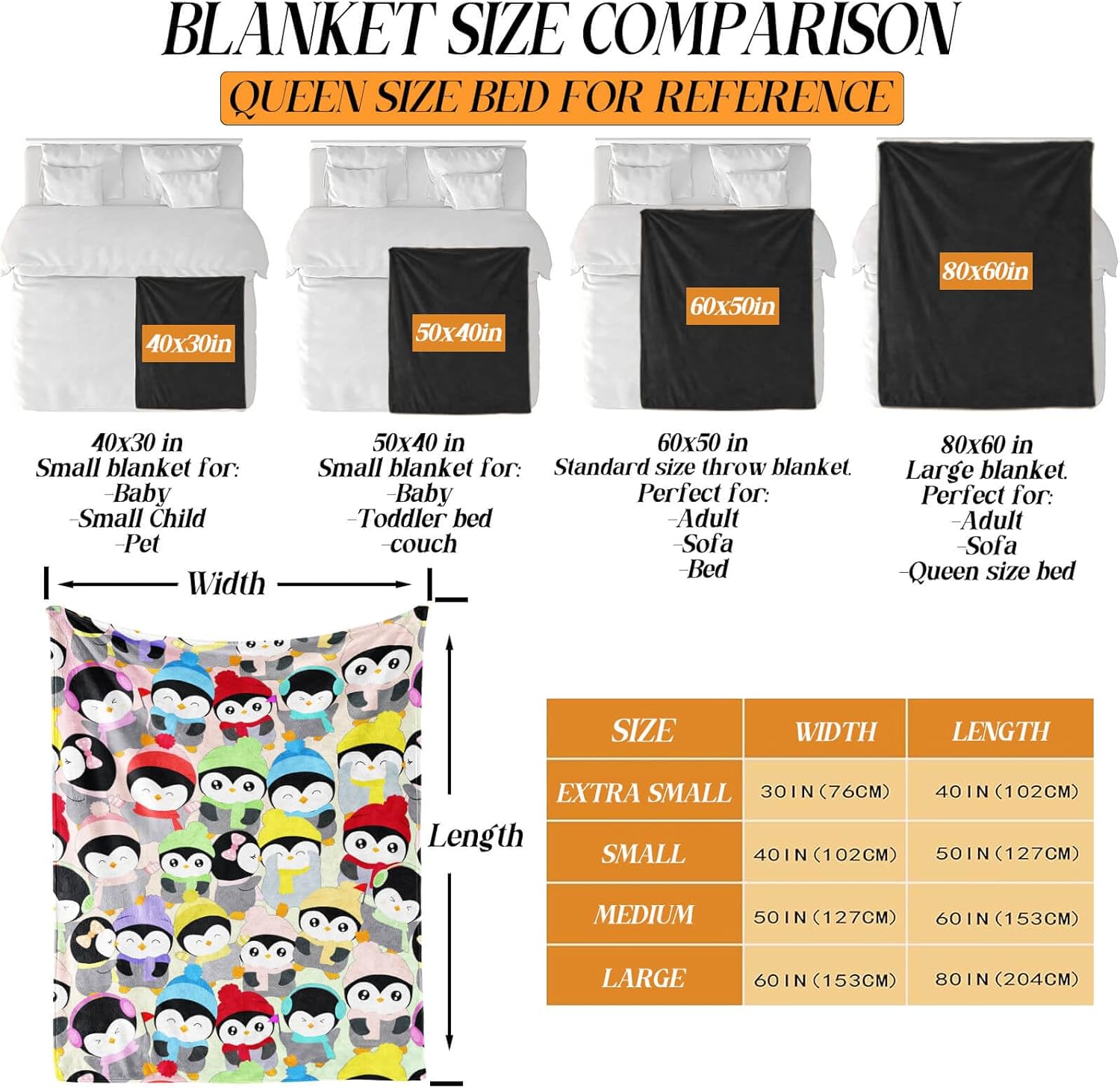 Penguin Blanket, 40"x50" Flannel Cute Penguins Themed Stuffed Animal Colorful Throw, Soft Nap Throw Blanket for Home Boys Girls Women Penguin Lovers Gifts - Image 3
