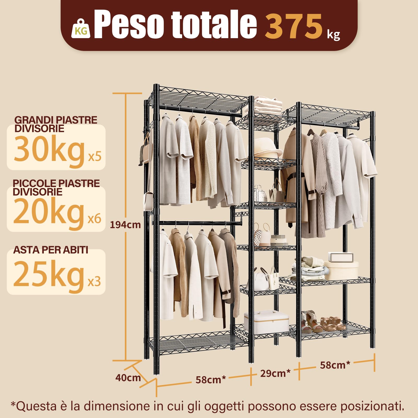AQRA Appendiabiti da Terra Metallico, Armadio Aperto Cabina Componibile | 3 aste per abiti, ganci laterali, portata massima 372kg, dimensioni 144×42×193cm