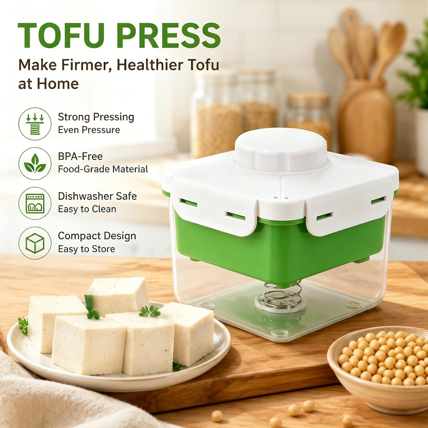 Tofu Press & Paneer Maker, Adjustable Spring, Drip Tray, Dishwasher safe
