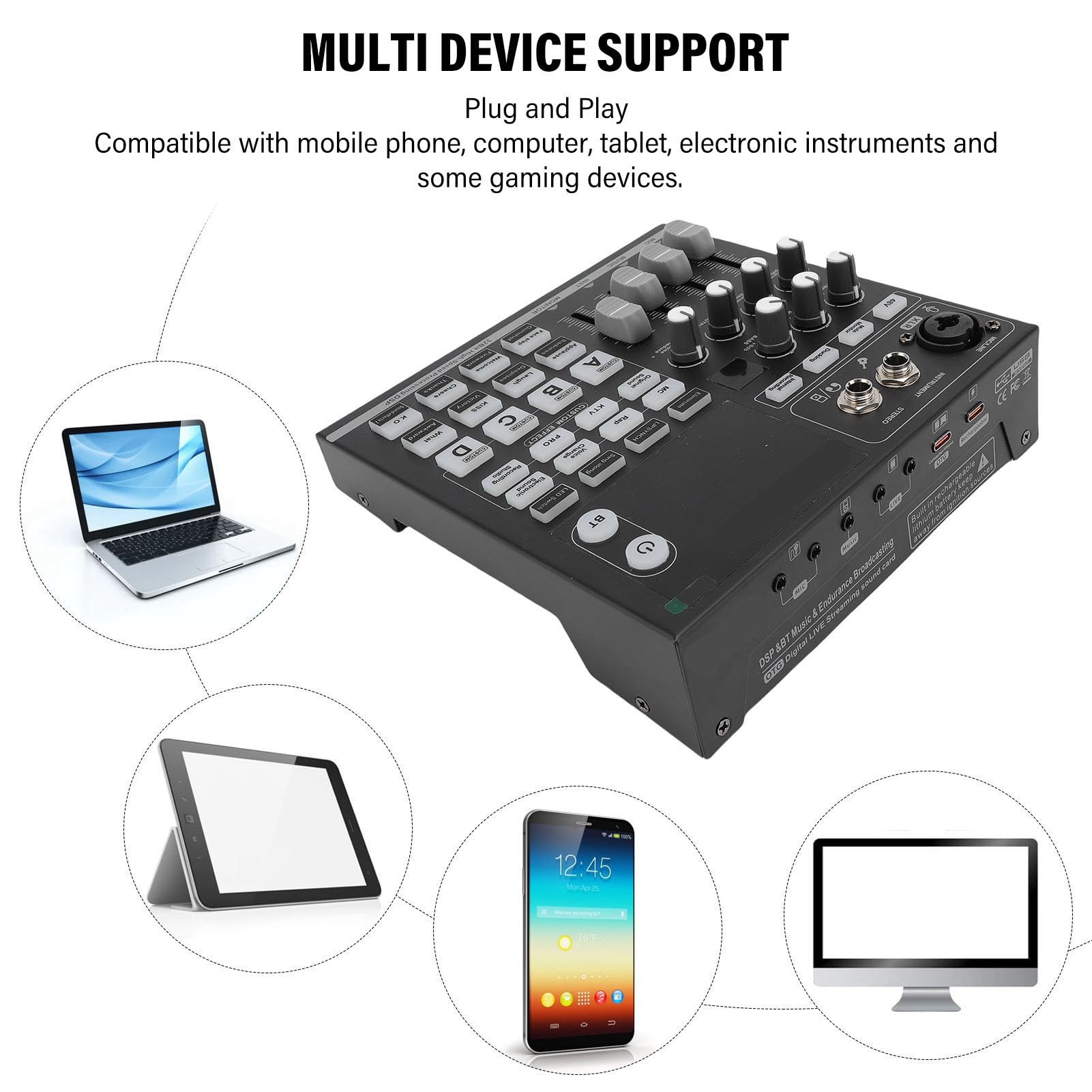 Luocute Tarjeta de Sonido Profesional para Directo, Mezclador de Bluetooth 5.0 con 12 Efectos de Sonido y 5 Cambiadores de Voz, Tarjeta de Transmisión para DJ, Ideal para Karaoke,