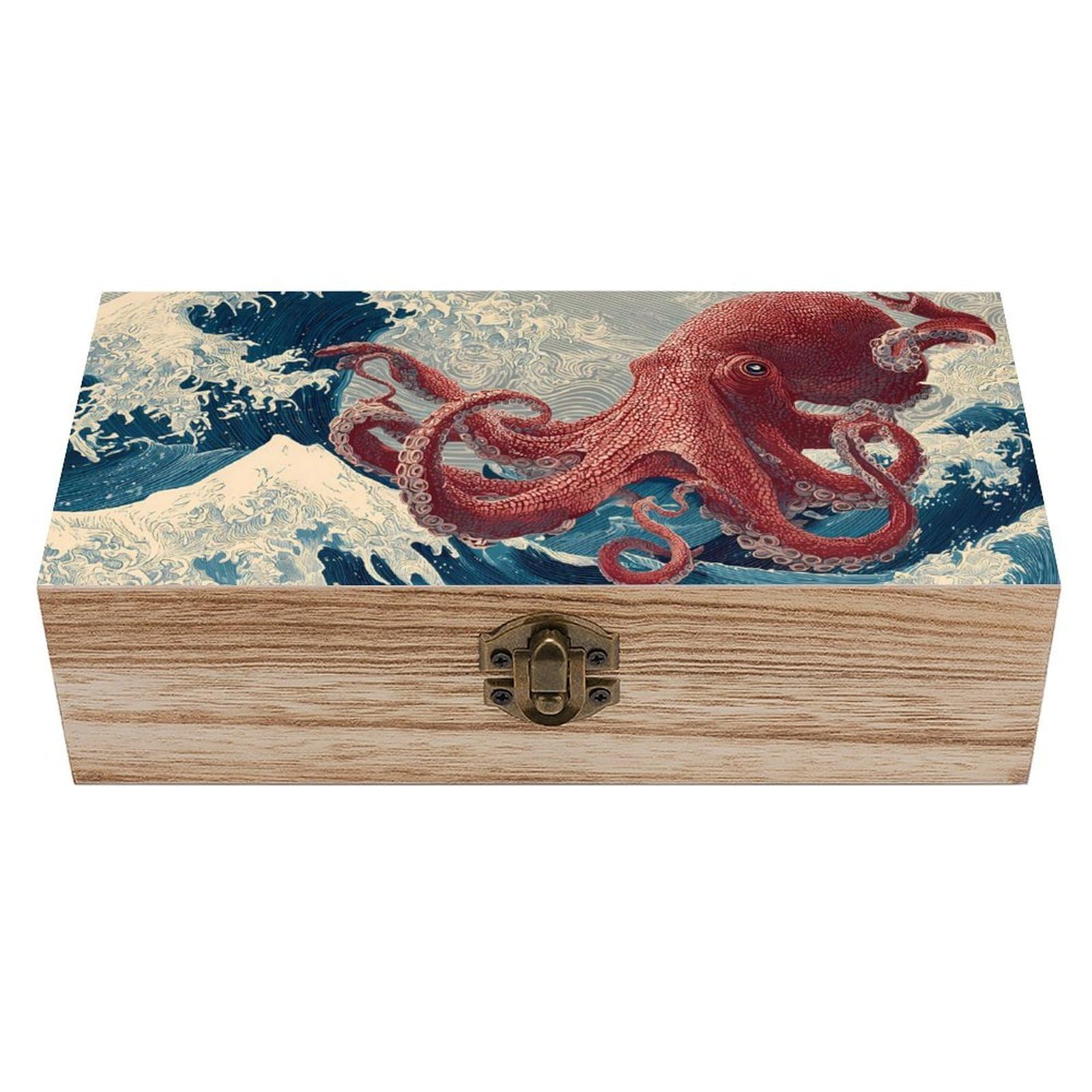HLBSDM Huge Octopuss Ocean Waves Wooden Storage Box Craft Memory Keepsake Treasure Chest Box Jewelry Organizer
