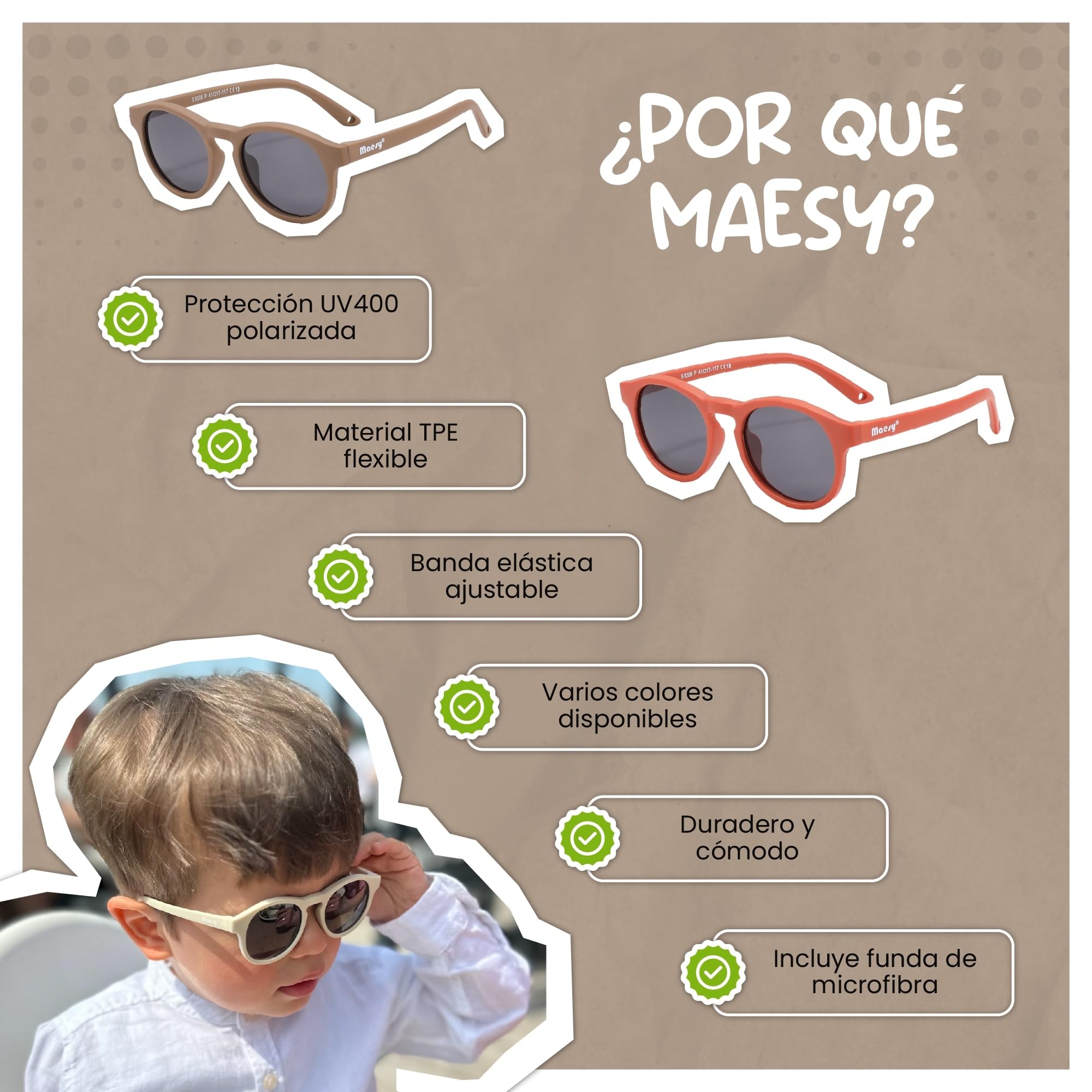 Gafas de Sol para Bebé y Niño, 1-3 Años, Protección Polarizada UV400, Montura Flexible y Blanda, Cinta Elástica Ajustable, Gafas de Sol Seguras y Cómodas para Niños, Bowi