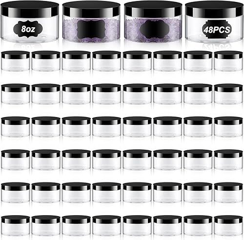 Uiifan 48 frascos de plástico de 8 onzas con tapas y etiquetas negras vacíos recargables a prueba de fugas, tarros de loción para crema corporal,