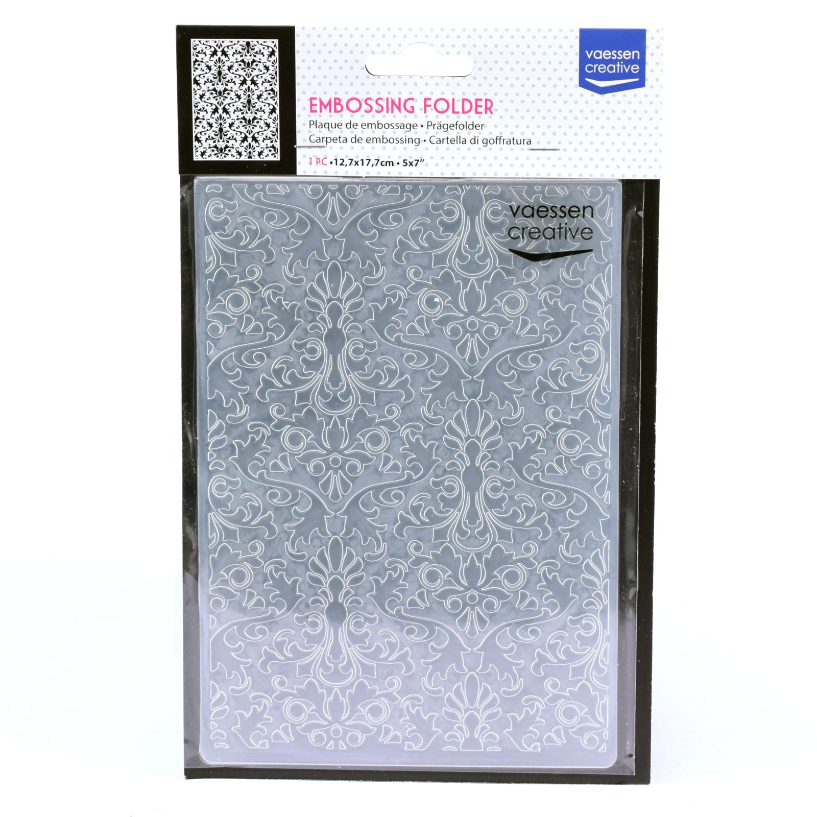 Vaessen Creative Carpeta de Embossing, Damasco 14,6 x 10,8 x 0,5 cm, 1 pieza, para Tarjetas de Cumpleaños, Tarjetas de Nacimiento, Tarjetas de Navidad y Manualidades con Papel