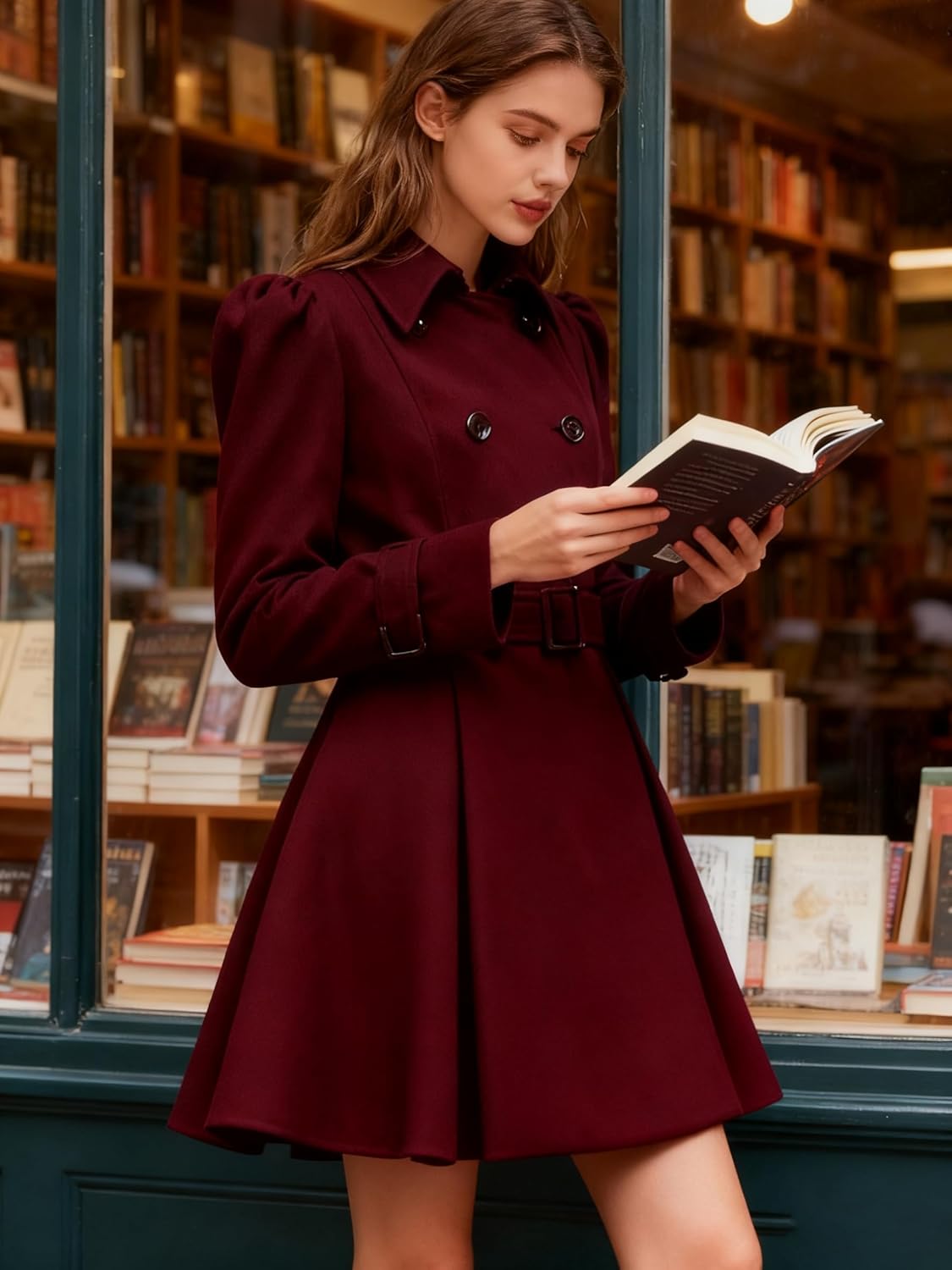 ForeMode Women Swing Double Breasted Wool Pea Coat with Belt Buckle Spring Mid-Long Long Sleeve Lapel Dresses Outwear - Image 5