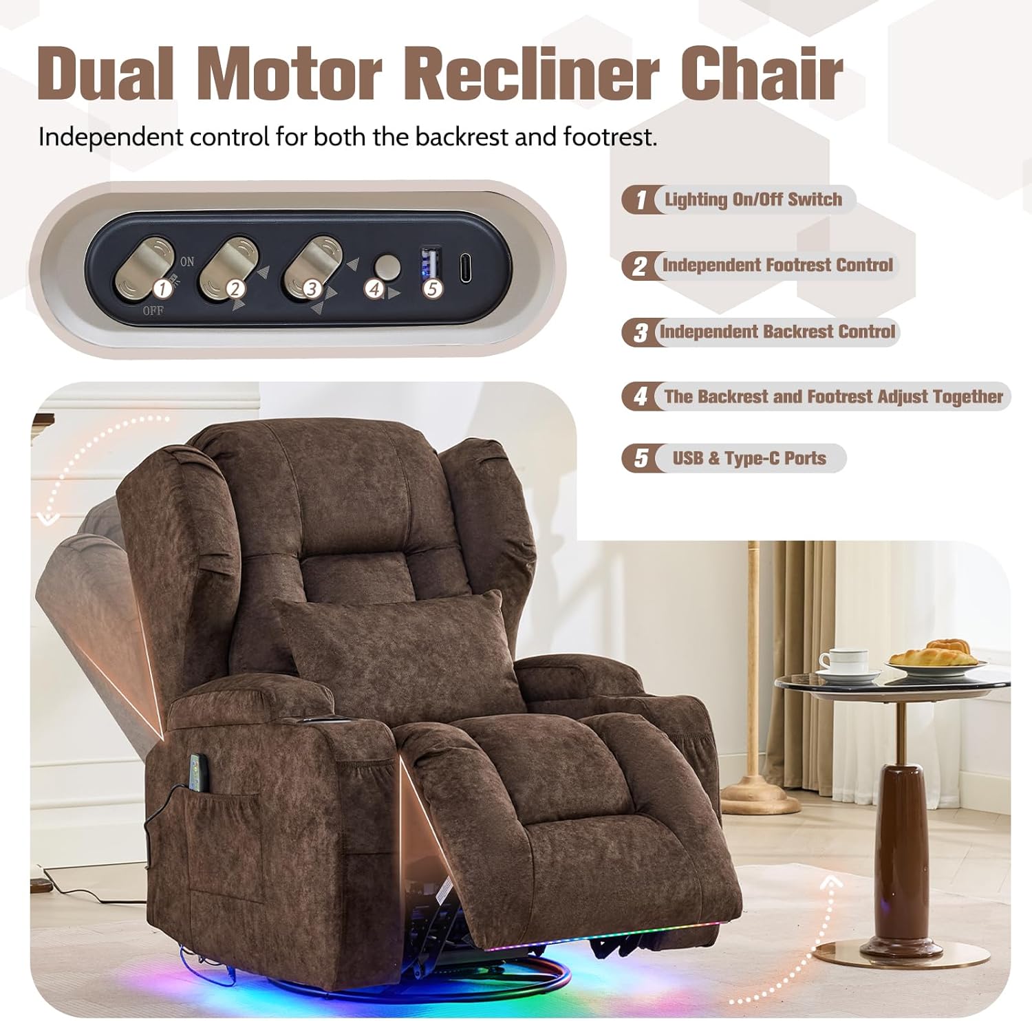 Swivel Rocker Recliner,Power Recliner Chairs for Adults,240°Swivel Rocking Chair with Massage and Heat,Nursery Glider Recliner with Storage,Cup Holders for Living Room (Velvet, Brown)