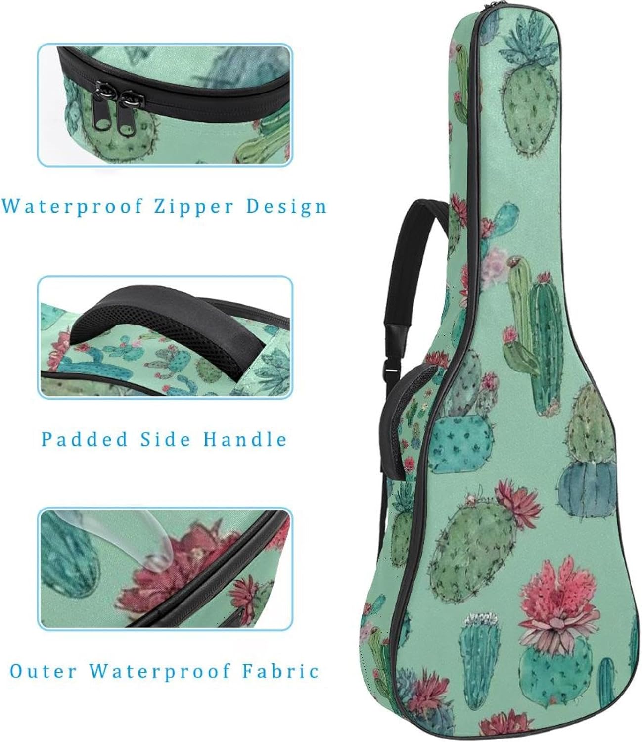 Colorful Cactus Guitar Bag 40 41 42 In 2 Pockets Guitar Case Waterproof Guitar Case Resistent Oxford Cloth 0.4 In Extra Thick Sponge Padded for Acoustic Guitar