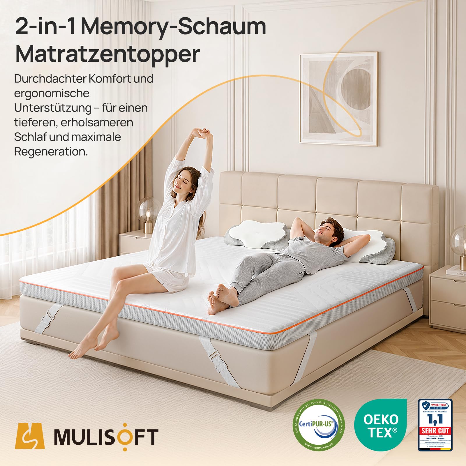 MULISOFT Topper 180x200cm H3/H4, Extra Dicker 7,5 cm Gel Memory Schaum, Matratzentopper Waschbar & Atmungsaktiv, Matratzen Topper für Boxspringbett, Schlafsofa & Wohnwagen, Oeko-TEX® Standard 100