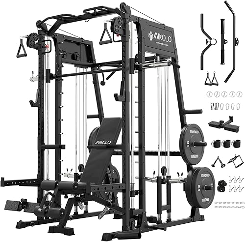 Miniatura 15 de Máquina de Smith Mikolo, banco de sentadillas de 2200lbs con sistema de tracción LAT y máquina de cruce de cables, equipo de entrenamiento con