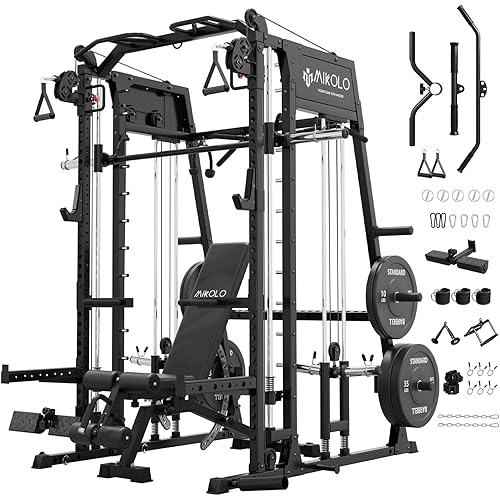 Mikolo M4 2.0 Smith Machine, 2200lbs Squat Rack with LAT-Pull Down System & Cable Crossover Machine, Training Equipment with Leg Hold-Down Attachment