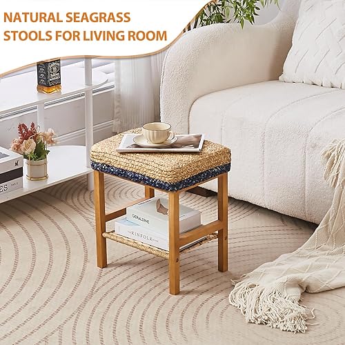 Miniatura 4 de Cpintltr Puf otomano tejido a mano de hierba marina azul, 16 x 13 x 17.5 pulgadas