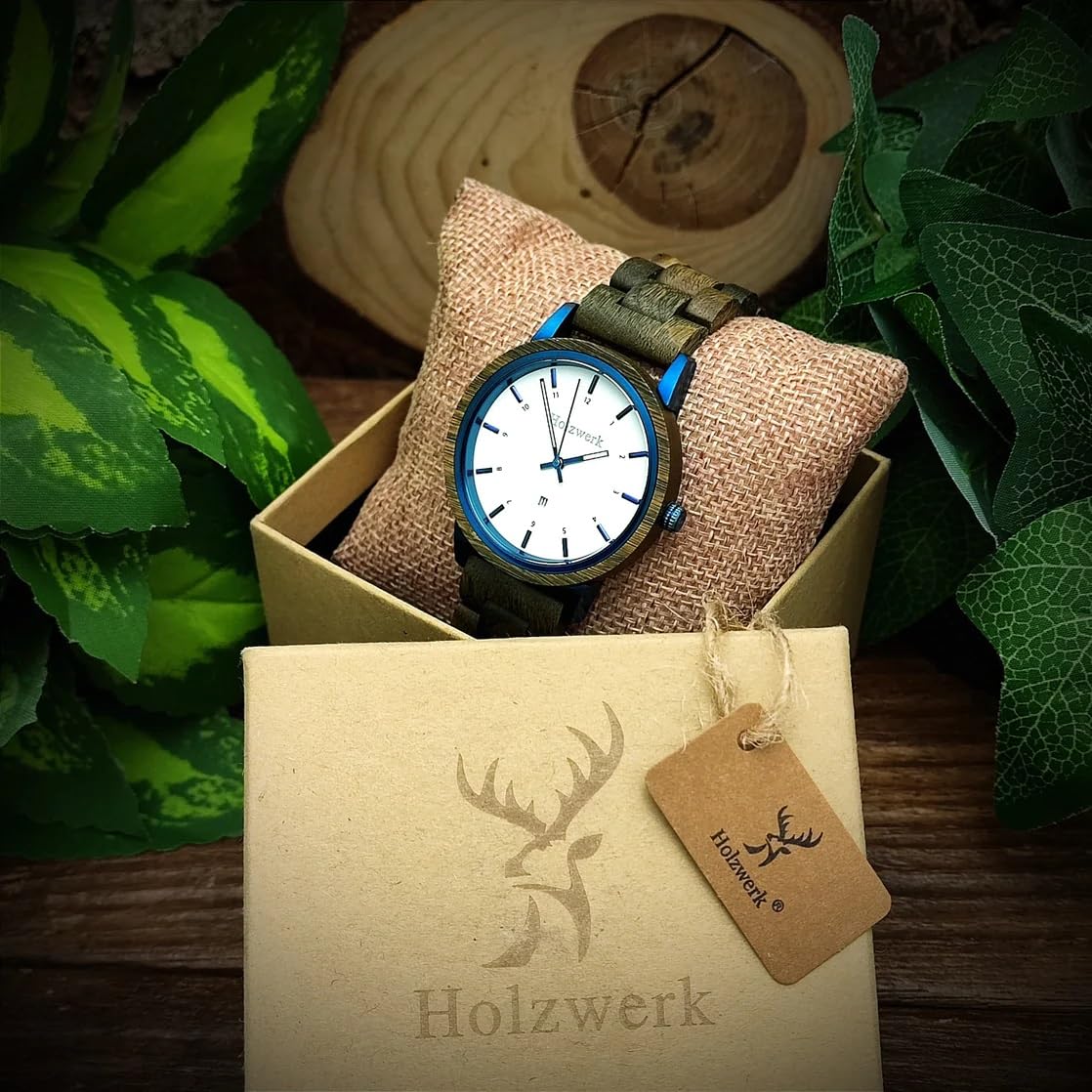 Ręcznie robiony Holzwerk Germany® Designer Unisex zegarek damski zegarek męski ekologiczny naturalny drewniany zegarek bransoletka-zegarek analogowy klasyczny zegarek kwarcowy brązowy niebieski zielony biały, brązowy.
