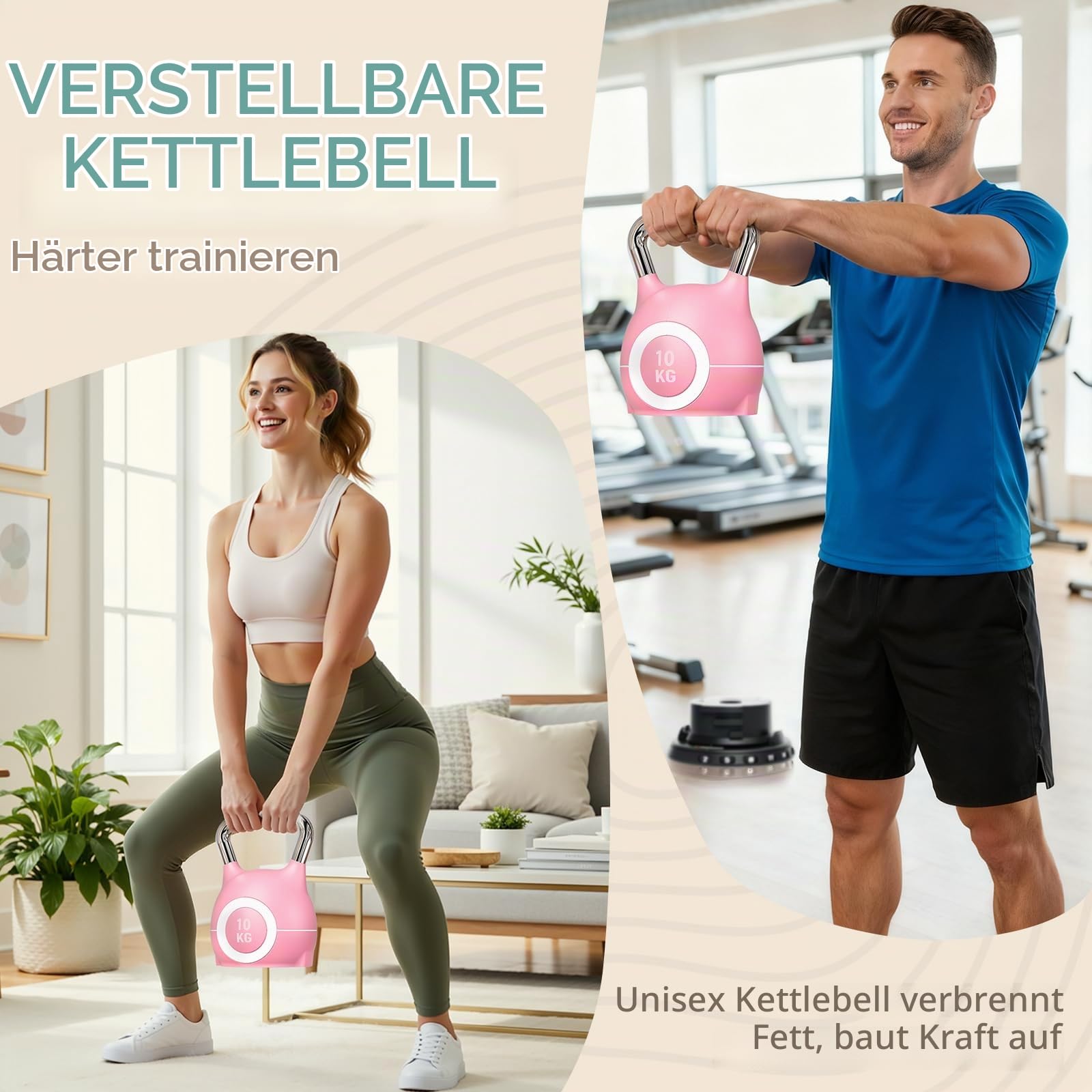 LIFERUN Kettlebell Verstellbare Hanteln Set 7 in 1 (10KG，Rosa) | Kugelhantel für Home Gym Gewicht Hantel Set mit 6 Stück Gewichtsscheiben Fitnessgeräte für Zuhause