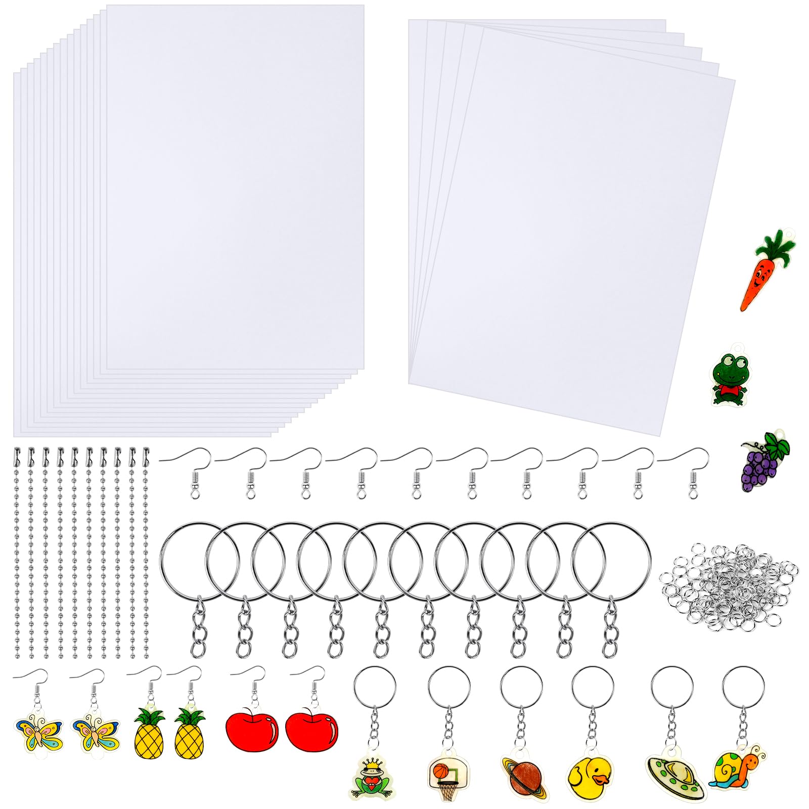 Ainiv Zestaw 150 sztuk folii termokurczliwej, 20 sztuk folii termokurczliwej do majsterkowania, w zestawie papier termokurczliwy (20 x 14,5 cm), breloczek do kluczy, otwarta pętla, łańcuszki kulkowe