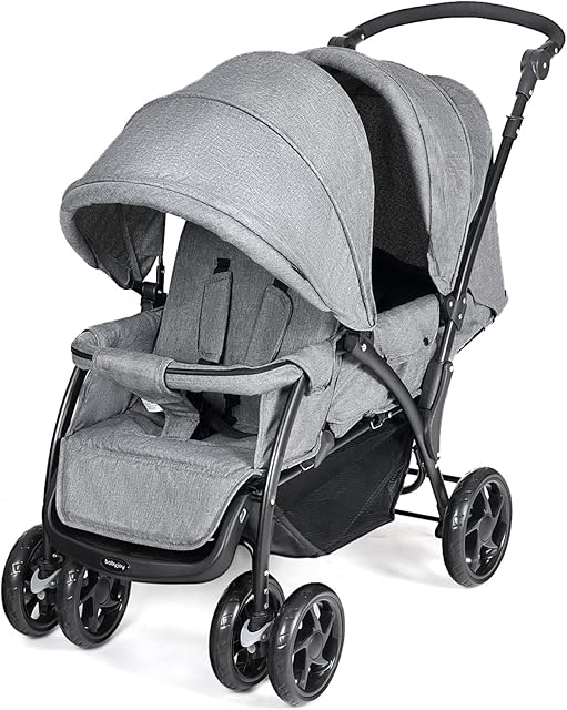 Maxmass Double Seat Baby Stroller, Folding Infant Pushchair with Adjustable Handlebar & Backrest, Storage Basket and Detachable Canopy, Travel Toddler Buggy for Shopping, Hanging Out (Grey)