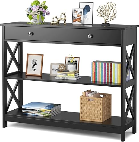 KOTEK Mesa consola con cajón y estantes de almacenamiento, mesa de sofá estrecha para sala de estar, fácil montaje, mesa de entrada de 3 niveles con
