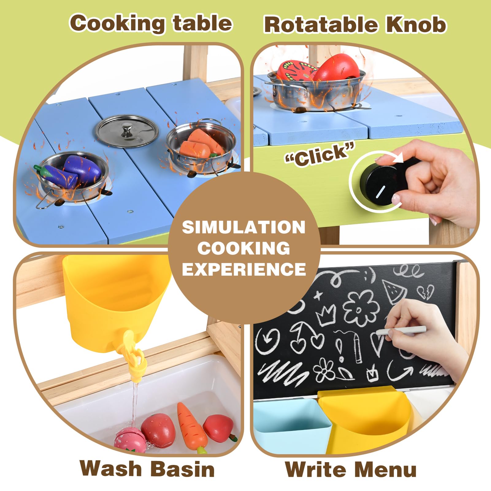 Dreamon Cocina de barro para niños al aire libre, juego de cocina de madera con fregadero extraíble, pizarra de tiza, juguete de jardín y accesorios de cocina de acero inoxidable, accesorios de cocina