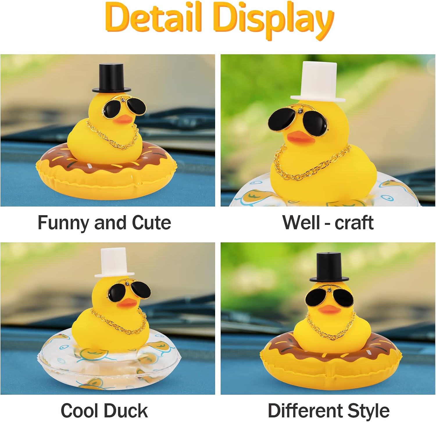 wonuu 2Pcs Duck Car Dashboard Decorations Rubber Duck Car Ornaments for Car Dashboard Decoration Accessories with Mini Swim Ring Sun Hat Necklace and Sunglasses, Magic-Black and White