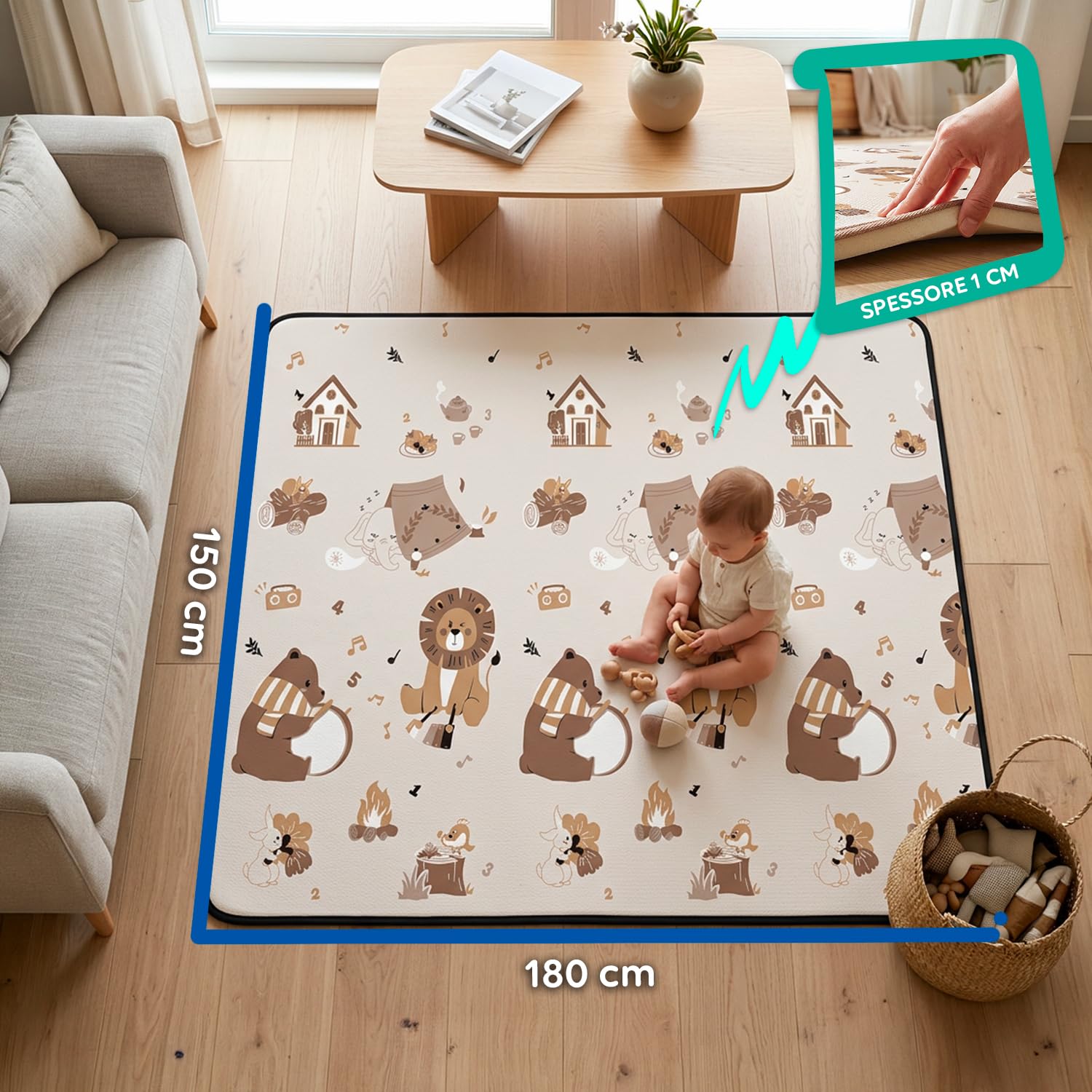 Avilia - Tappetino da Gioco Pieghevole per Bambini 180x150cm - Tappeto Educativo in XPE con Disegni - Spessore 1 cm Ammortizzante e Impermeabile - Borsa di Trasporto Inclusa (Amici Del Bosco)