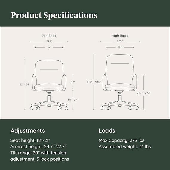 Branch Softside Mid Century Modern Office Chair, Fabric - Removable Arms & High Back Design with Luxury Cloud-Like Comfort - Adjustable Height - Integrated Lumbar Support - Bone