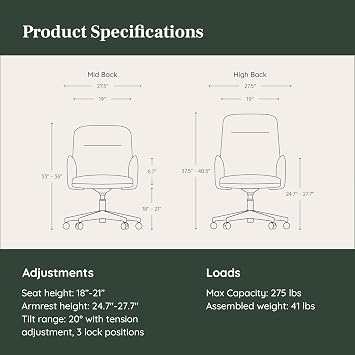 Branch Softside Mid Century Modern Office Chair, Fabric - Removable Arms & High Back Design with Luxury Cloud-Like Comfort - Adjustable Height - Integrated Lumbar Support - Bone