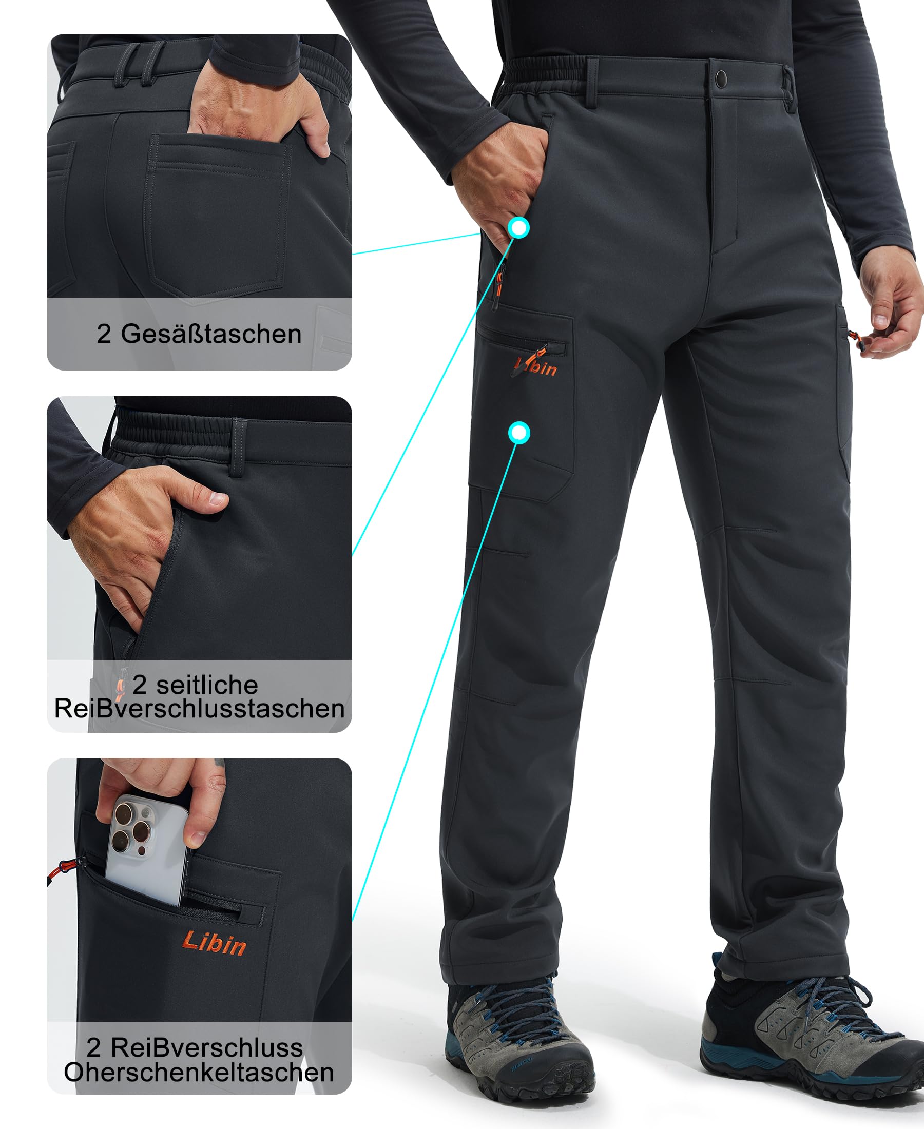 Libin Pantaloni da Neve Uomo Softshell Trekking Impermeabile Invernali Escursionismo Pantaloni Tasca con Cerniera