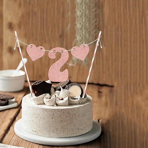 Miniatura 5 de Decoración de pastel de 2 cumpleaños con purpurina de oro rosa dulce corazón de 2 años de edad, decoración de dulce bebé niña 2 cumpleaños,