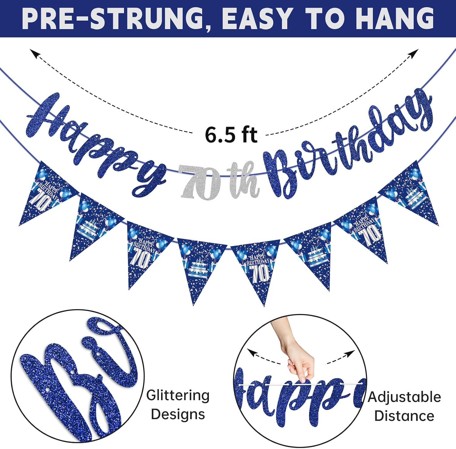 Blue Silver 70th Birthday Decorations for Men Women, Happy 70th Birthday Banner Stars Seventy Years Old Hanging Swirls Cheers to 70 Bday Decor Party Supplies Sign