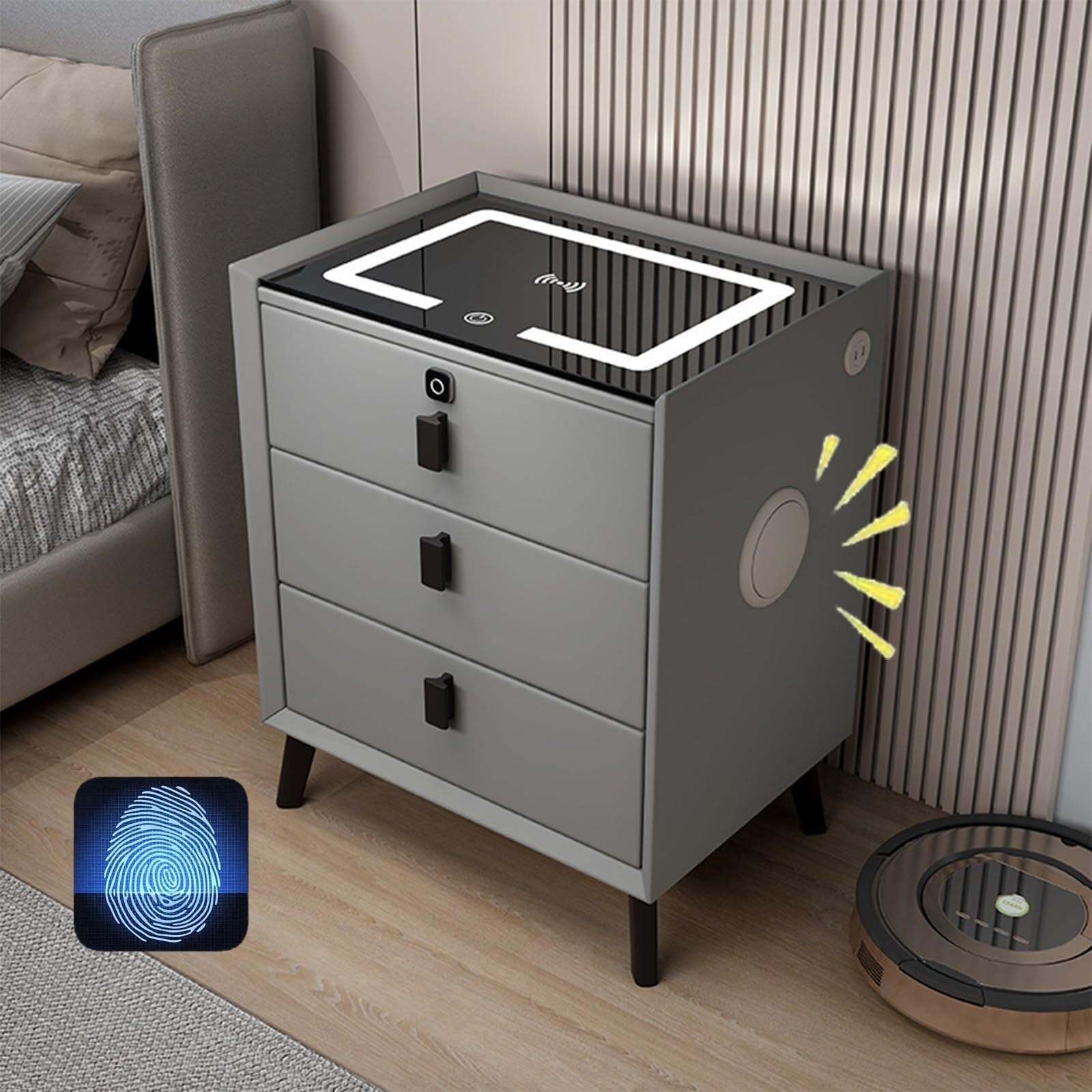 Głośnik Bluetooth, stolik nocny z 2 portami ładowania i światłami LED, wielofunkcyjna szafka do sypialni i salonu (szary nowoczesny design)