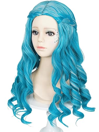 Vista 26 de Pelucas de sirena para niños y niñas, 21 pulgadas de largo, rizadas, color rojo oscuro, peluca de onda de sirena con clip de estrella de mar