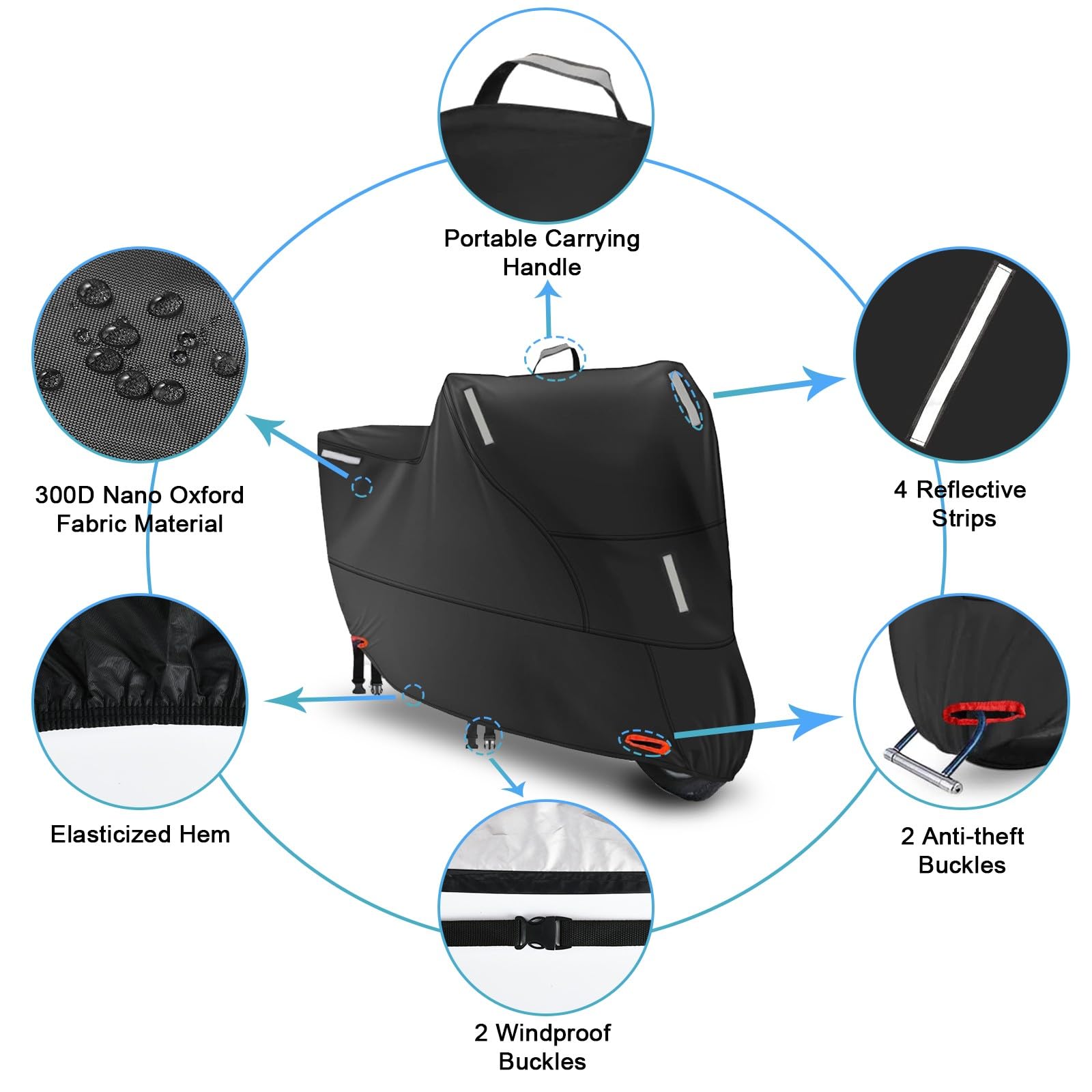 Funda impermeable para motocicleta al aire libre, cubierta antipolvo para motocicleta, scooter, ciclomotor, lluvia, con 5 tiras reflectantes y 2 hebillas resistentes al viento, 2 agujeros de bloqueo