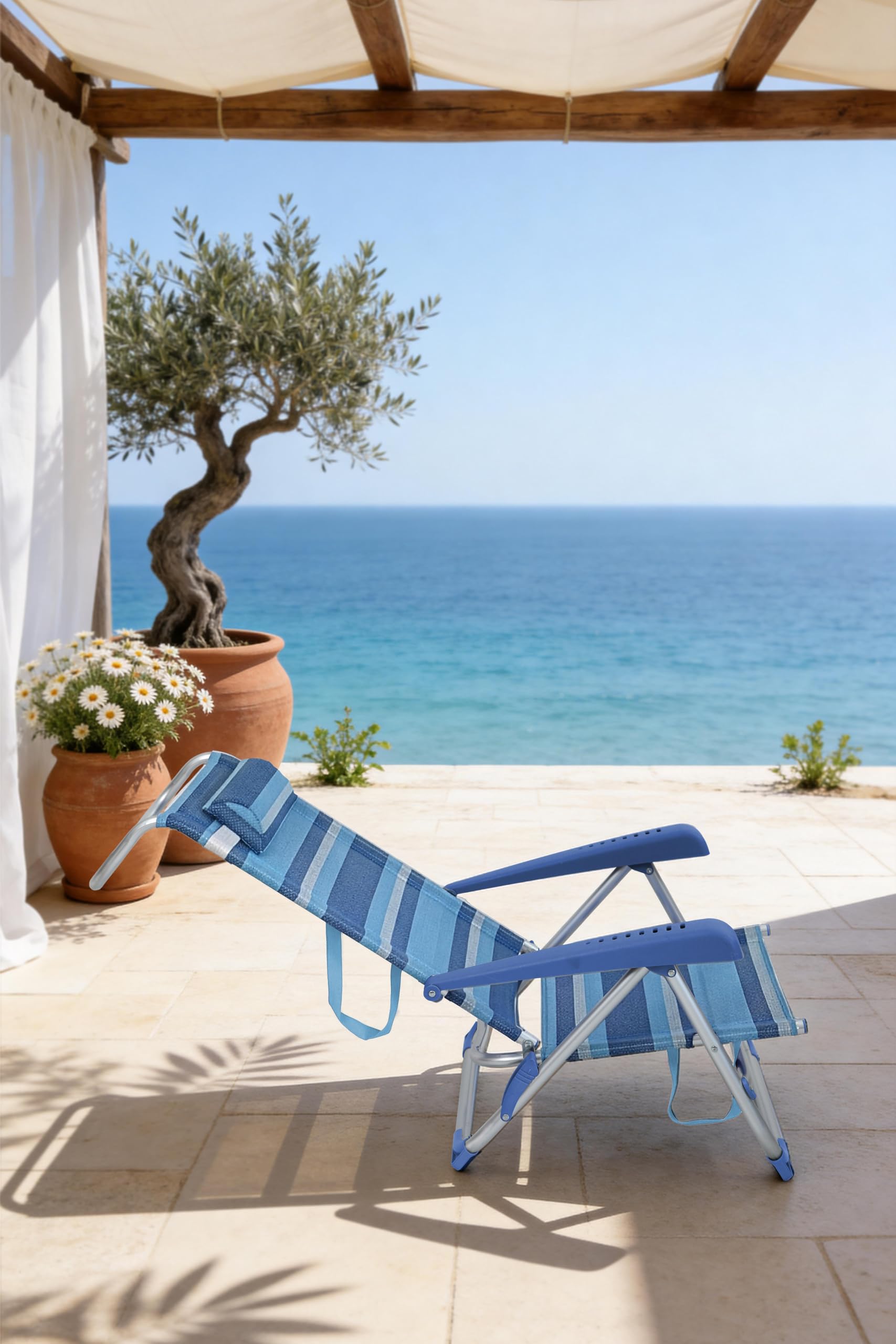 Spiaggina Pieghevole in Alluminio, Righe Blu, 8 Posizioni, con Poggiatesta e Braccioli, 59,5 x 85 x 76,5 cm