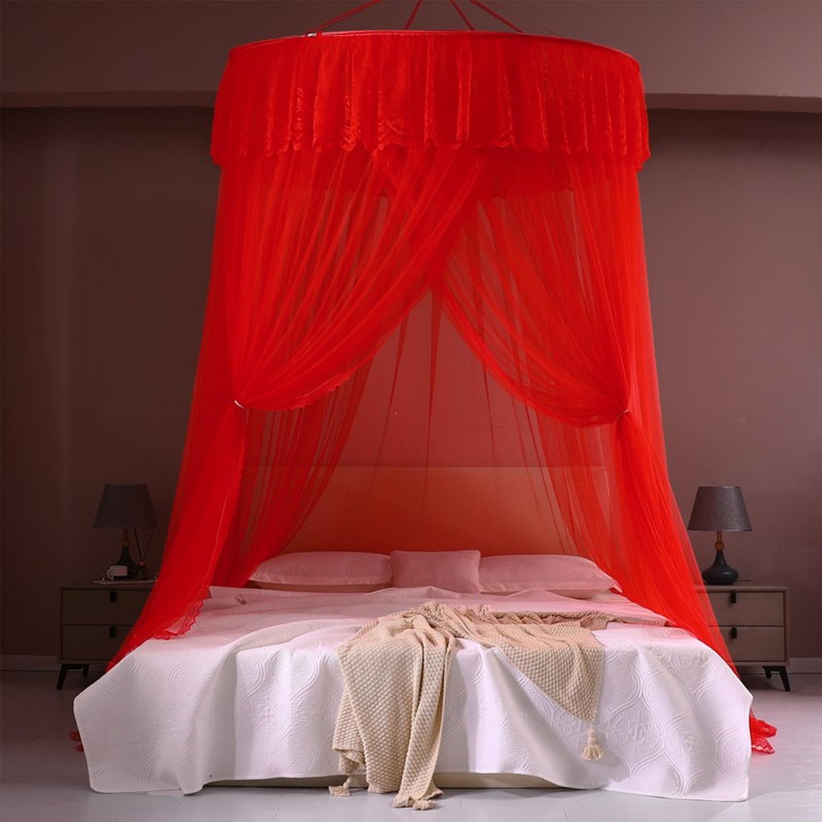 SARKEY Round Dome Canopy Bed Curtain,Floor-standing Mosquito Net,Large Space,Romantic,Unique Play Tent Mesh Canopies Lace Drapes Home,For Adults Bedroom(Red)