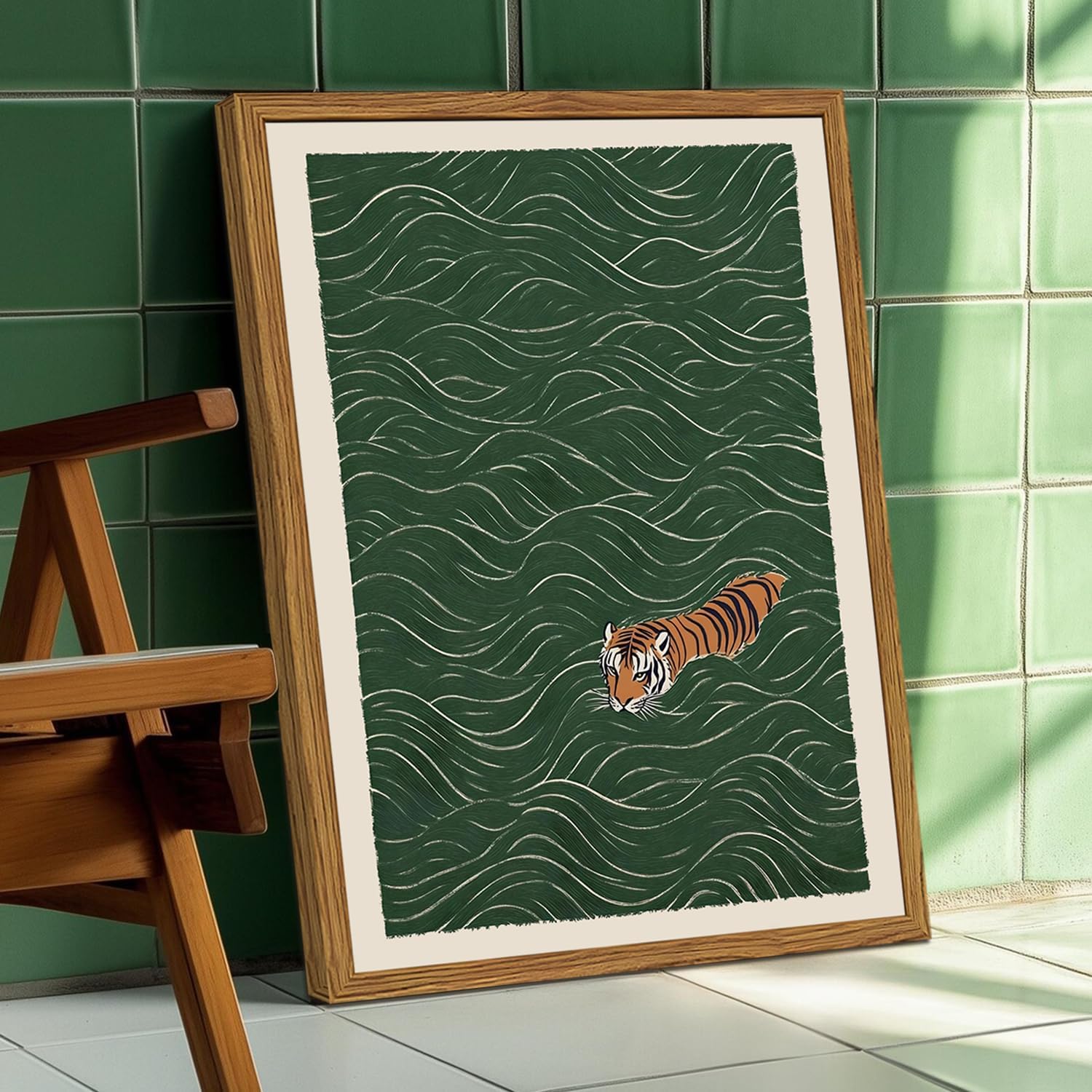 Framed Japanese Tiger Wall Art, Vintage Tiger Swimming Pictures Wall Decor, Funny Wild Animal Paintings Canvas Prints Eclectic Home Decor for Living Room Bedroom Bathroom 12x16 inch