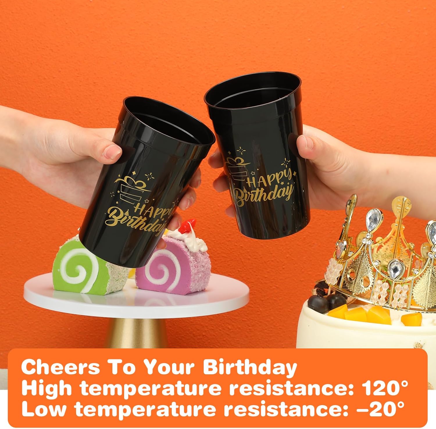 Zhehao 30 Pcs Reusable Happy Birthday Cups 12 oz Plastic Tumblers Stadium Cups Birthday Shot Glasses for Women Men Anniversary Party Favors(Black)