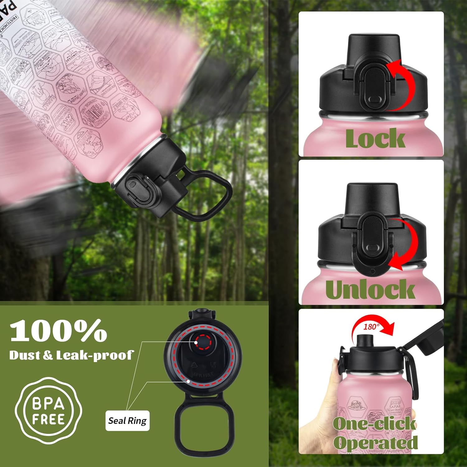 National Parks Water Bottle with 63 Waterproof Stickers,32oz Double Wall Vacuum Stainless Steel Wide Mouth Insulated Travel Water Bottle with Spout Lid,BPA-free and Leak-proof (32oz,Pink white) - Image 5