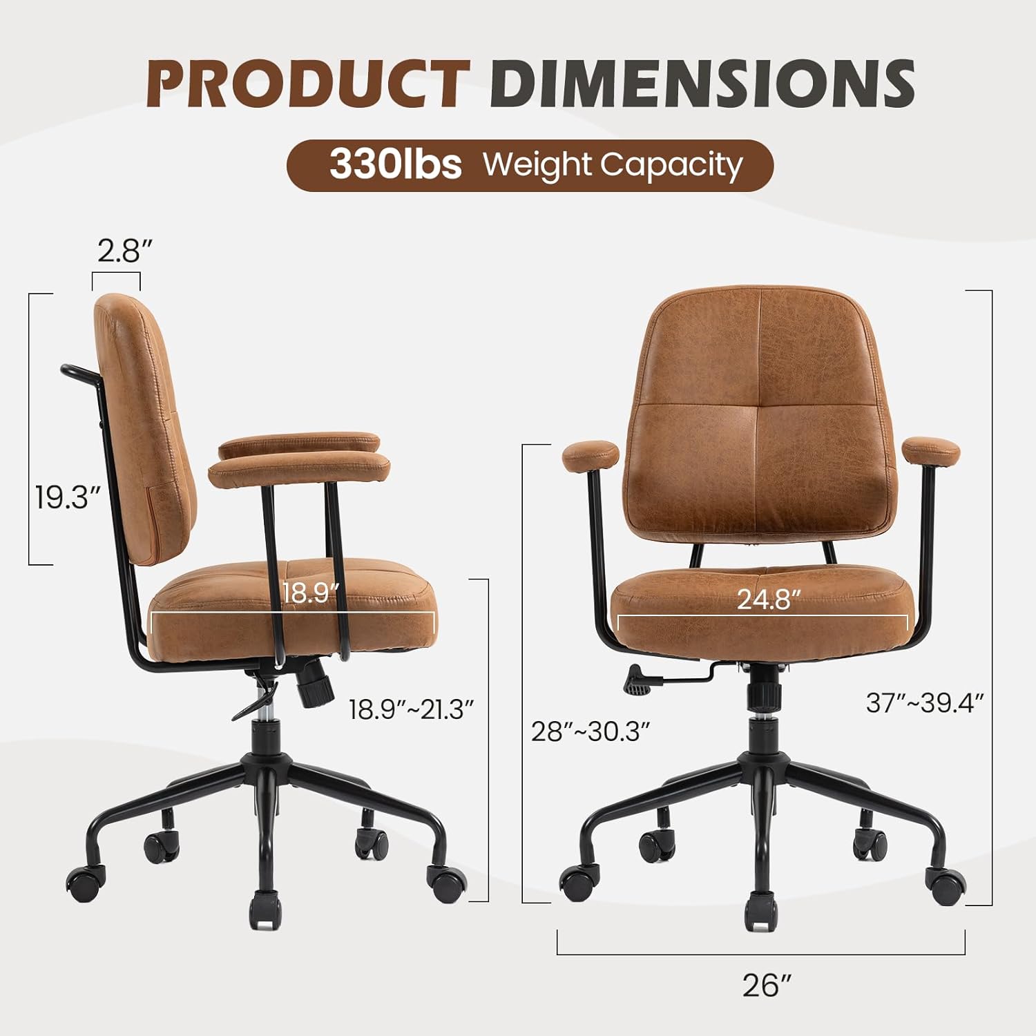 ECOTOUGE Mid Century Modern Office Desk Chairs Leather, Comfy Office Chair with Armrests,s, Mid-Back, Comfortable Thick Cushion, Height Adjustable, 360°Swivel, Brown